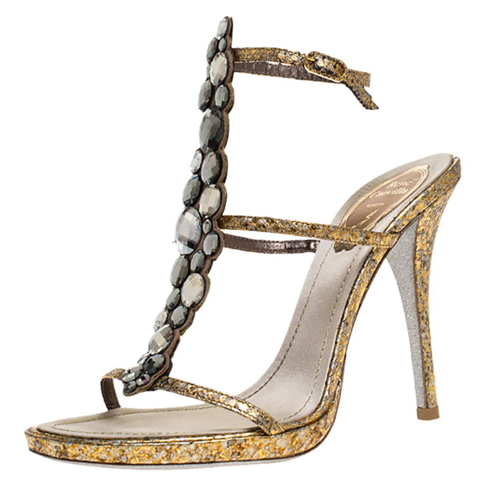 Image of Ren&eacute; Caovilla Gold Python Effect Leather Crystal Embellished Ankle Strap Sandals Size