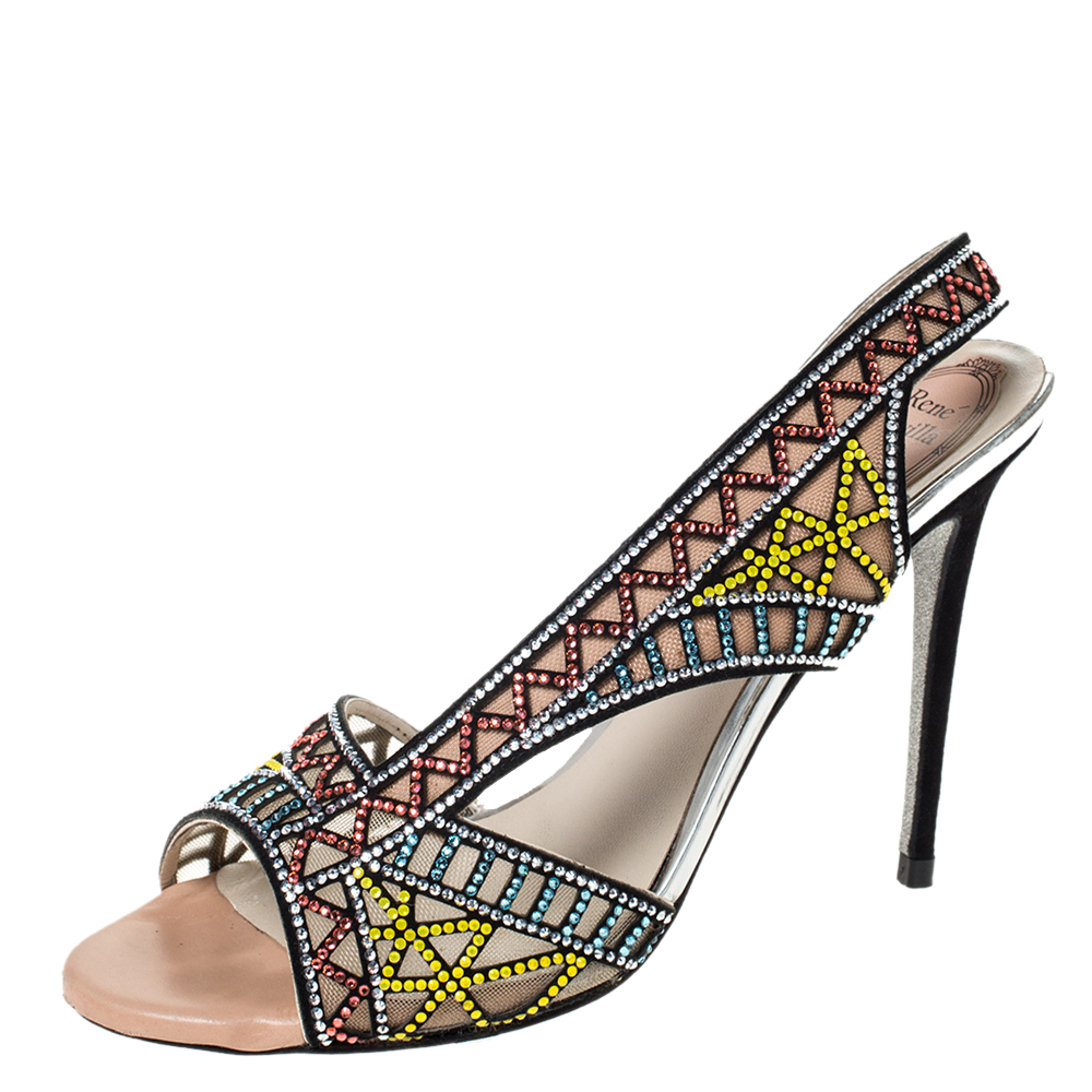 Image of Ren&eacute; Caovilla Multicolor Crystal Embellished Suede Trim Slingback Sandals Size