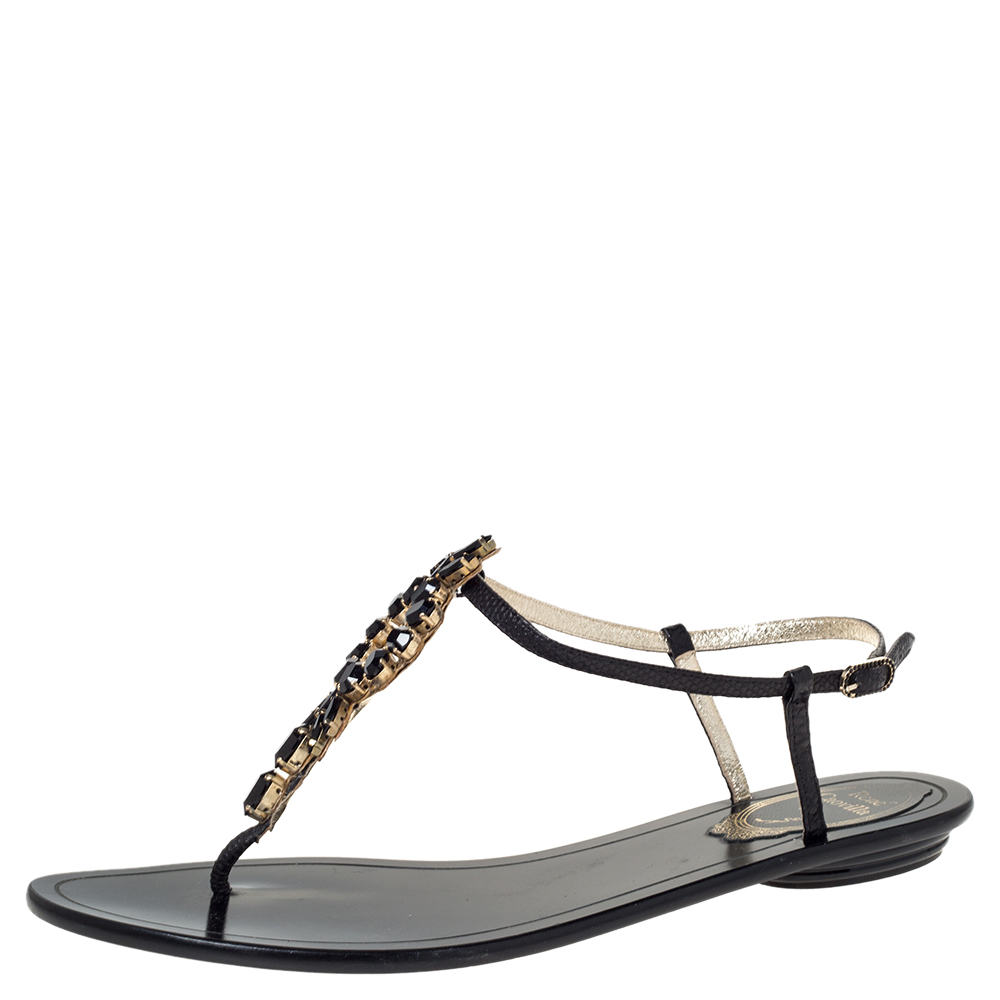 Image of Ren&eacute; Caovilla Black Leather Crystal Embellished Flat Ankle Strap Thong Sandals Size .