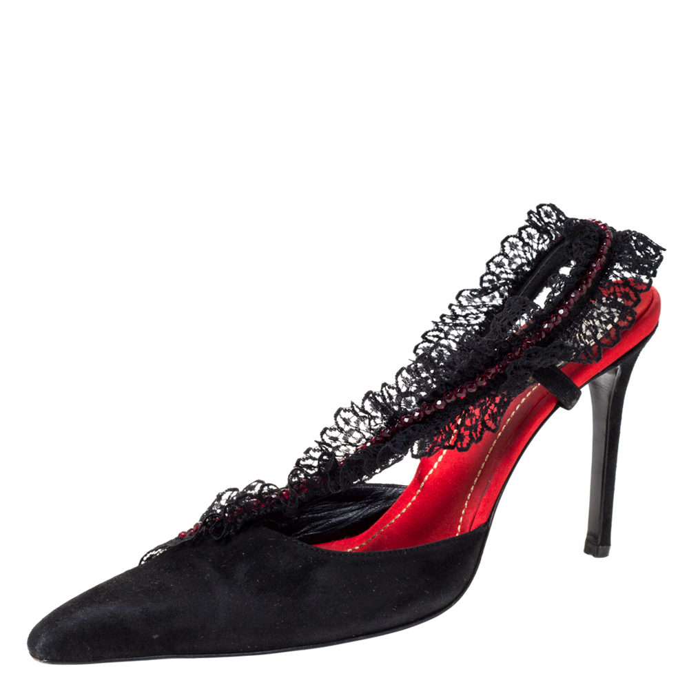 Image of Ren&eacute; Caovilla Black Suede And Lace Crystal Embellished Pointed Toe Slingback Sandals Size