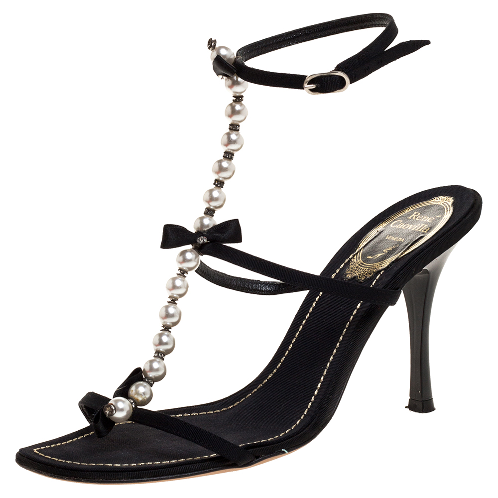 Image of Rene Caovilla Black Canvas Pearl T Strap Sandals Size