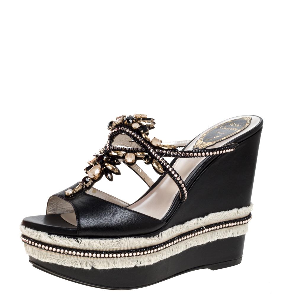 Image of Ren&eacute; Caovilla Black Leather Jewel Embellished Wedge Platform Sandals Size