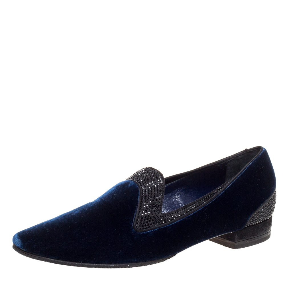 Image of Ren&eacute; Caovilla Navy Blue Velvet Crystal Embellished Smoking Slippers Size