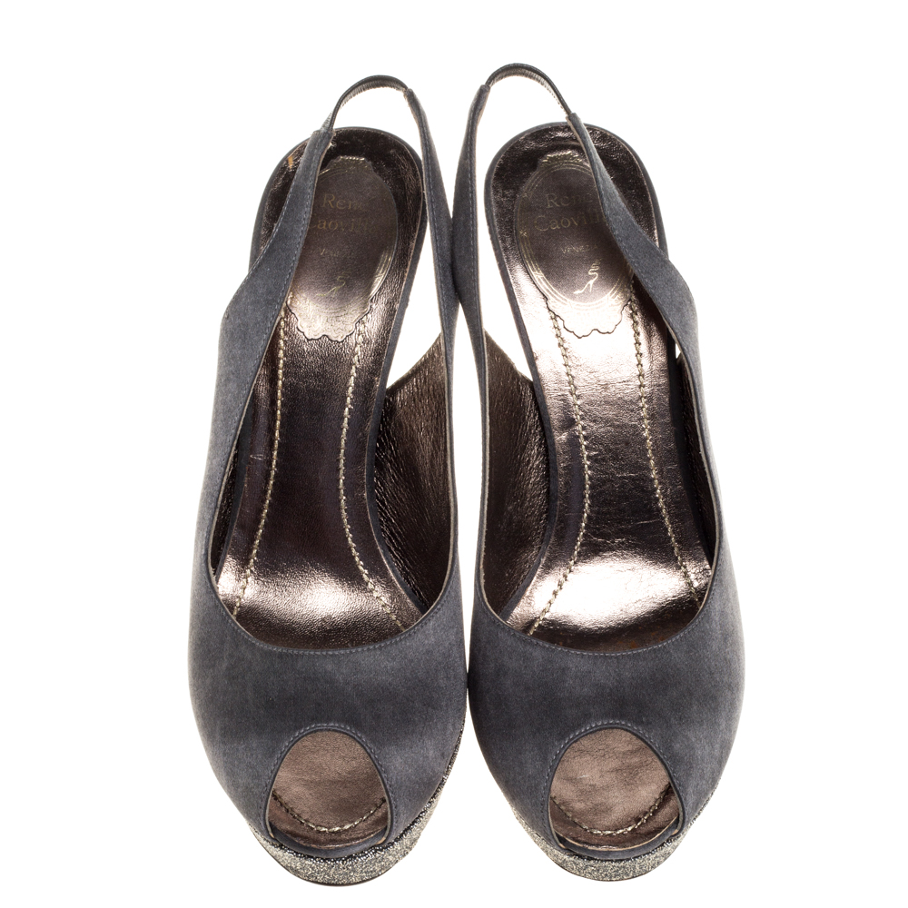 Rene Caovilla Grey Satin Peep Toe Slingback Platform Sandals Size 40.5