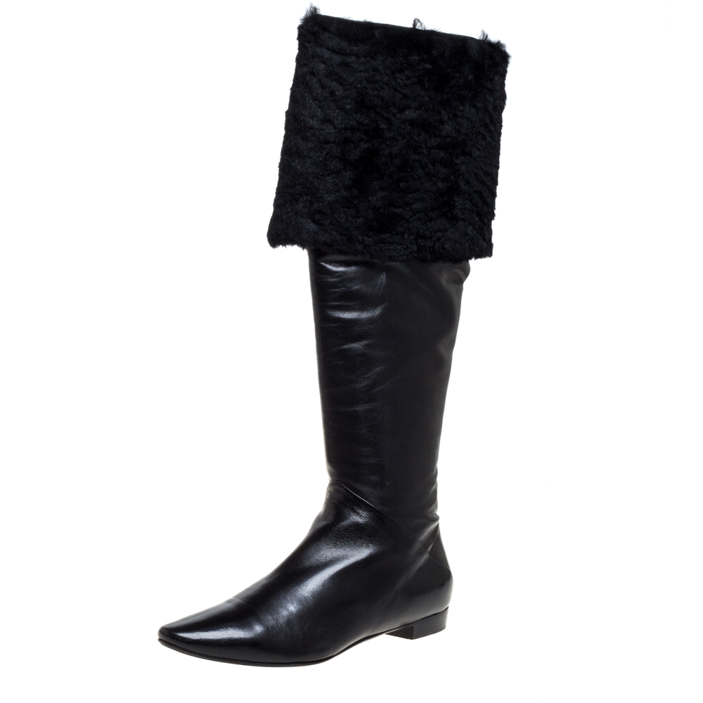 Image of Rene Caovilla Black Leather And Faux Fur Knee High Boots Size
