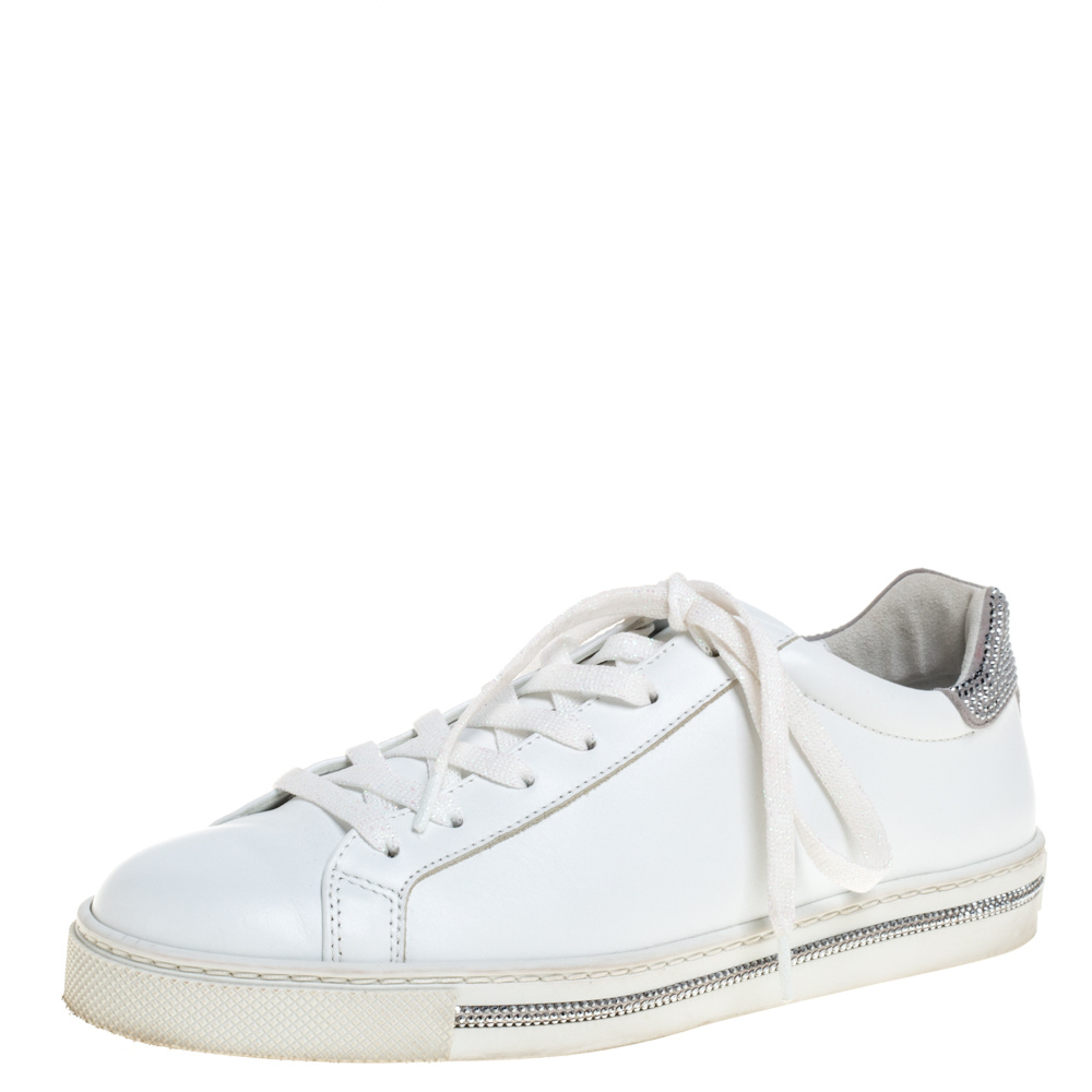 Image of Rene Caovilla White Leather Crystal Embellished Lace Up Sneakers Size