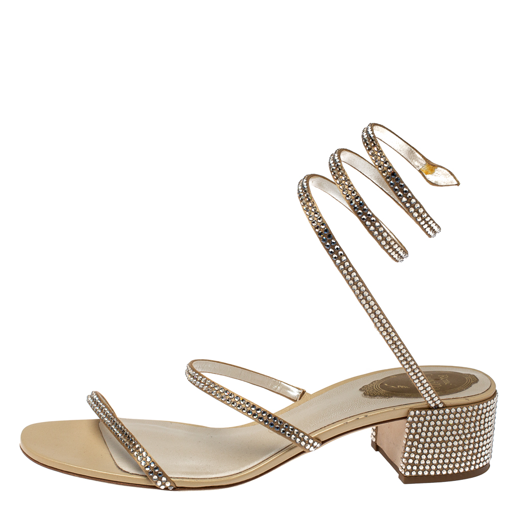 

Rene Caovilla Metallic Gold Crystal Embellished Ankle Wrap Sandals Size