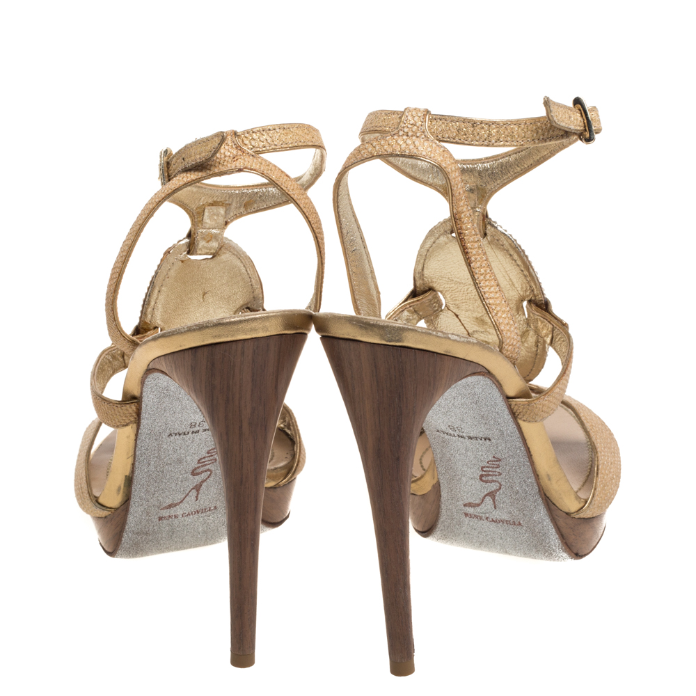 René Caovilla Beige Glitter Cork Embellished Ankle Strap Sandals Size 38