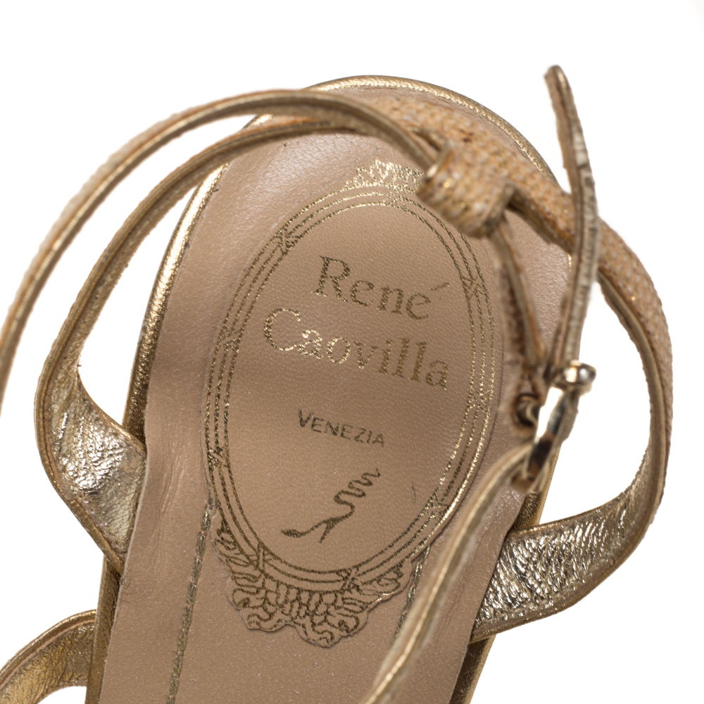 René Caovilla Beige Glitter Cork Embellished Ankle Strap Sandals Size 38