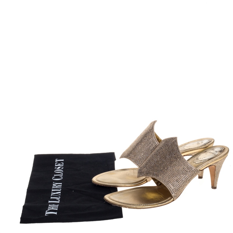Rene Caovilla Metallic Gold Satin Crystal Embellished Slide Sandals Size 38