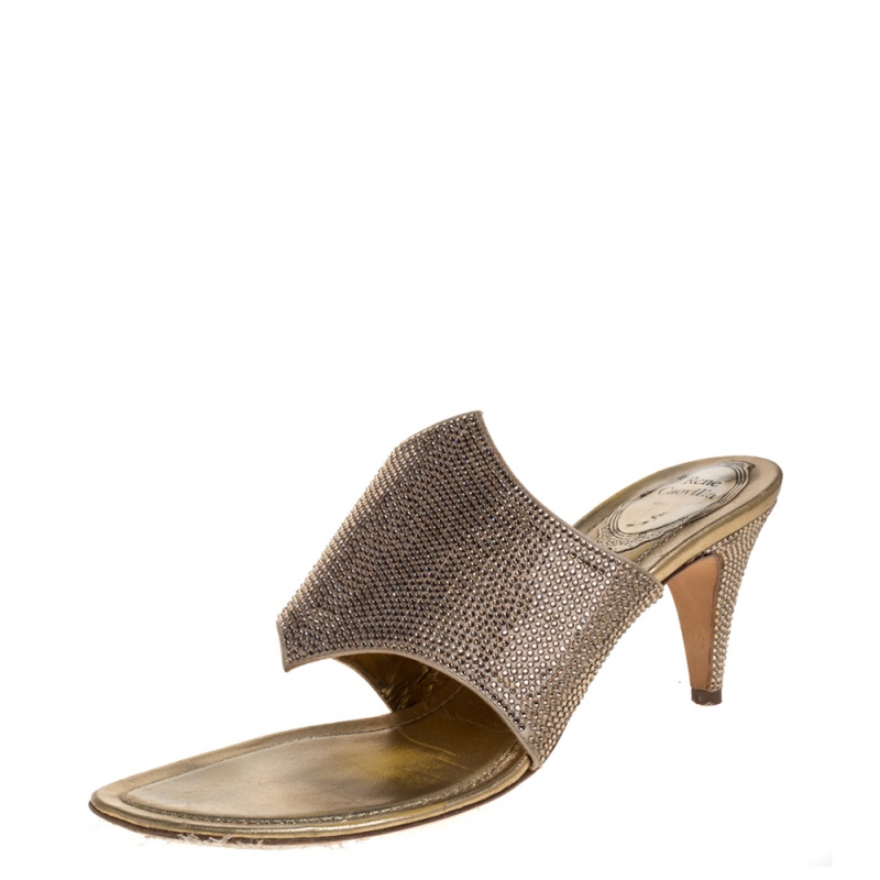 Rene Caovilla Metallic Gold Satin Crystal Embellished Slide Sandals Size 38