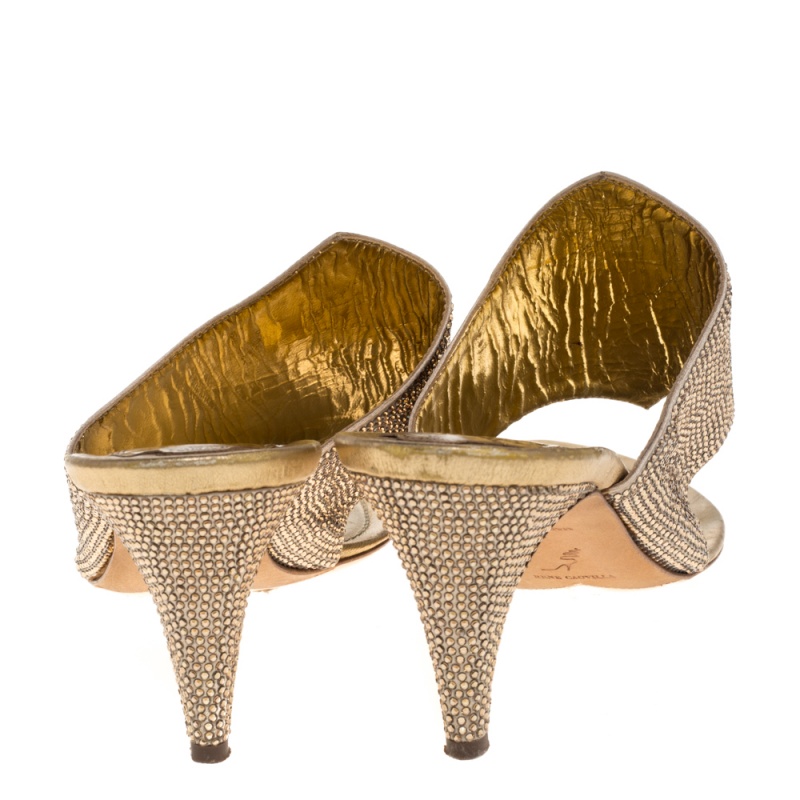 Rene Caovilla Metallic Gold Satin Crystal Embellished Slide Sandals Size 38