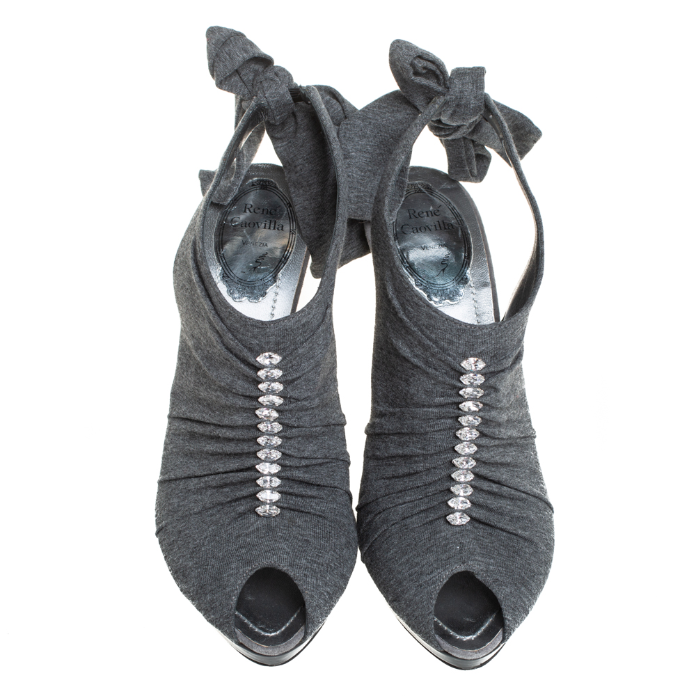 René Caovilla Grey Fabric Crystal Embellished Ankle Tie Slingback Sandals Size 38