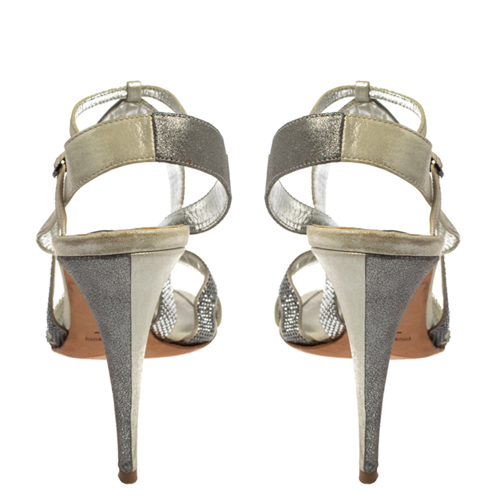 René Caovilla Silver/Grey Embellished Satin And Glitter Nubuck Leather Ankle Strap Sandals Size 39.5