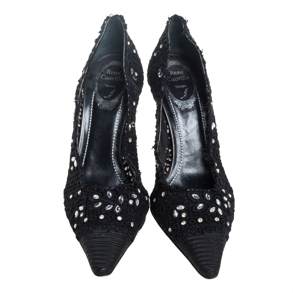 René Caovilla Black Lace And Canvas Crystal Embellished Pumps Size 40