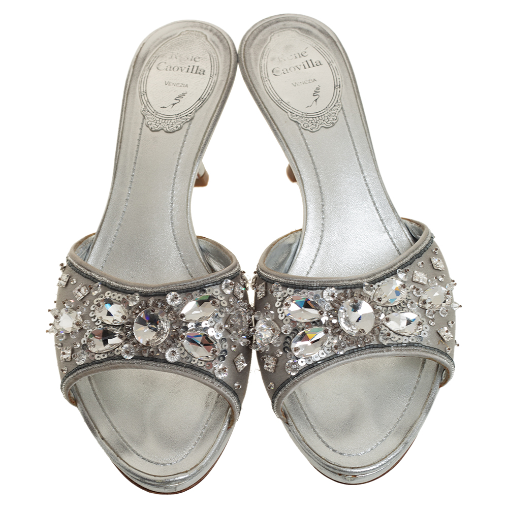 René Caovilla Metallic Silver Satin Crystal Embellished Slide Sandals Size 38