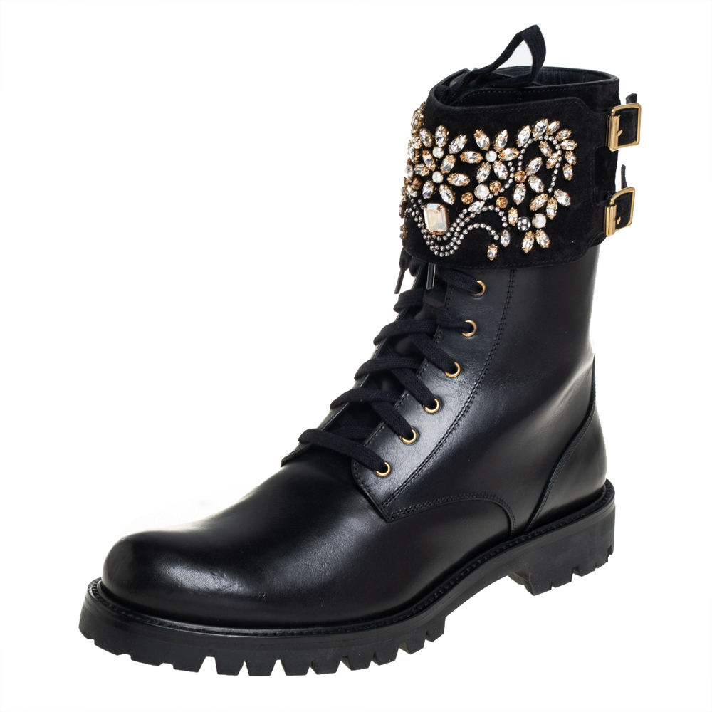 Rene Caovilla Black Leather And Crystal Embellished Suede Combat Boots Size 40