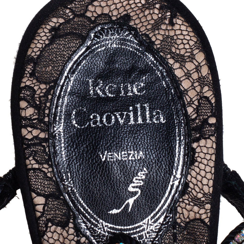 René Caovilla Black Satin Crystal Embellished Sandals Size 39