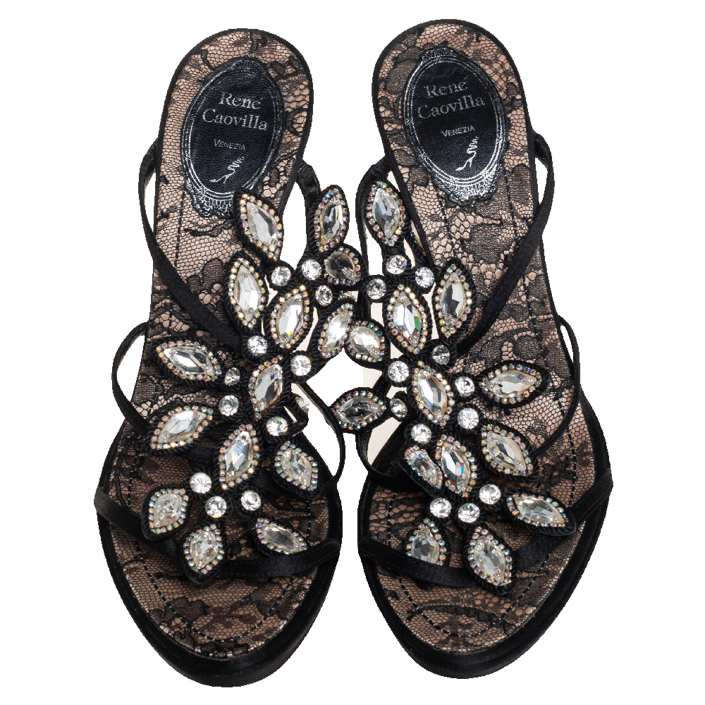 René Caovilla Black Satin Crystal Embellished Sandals Size 39
