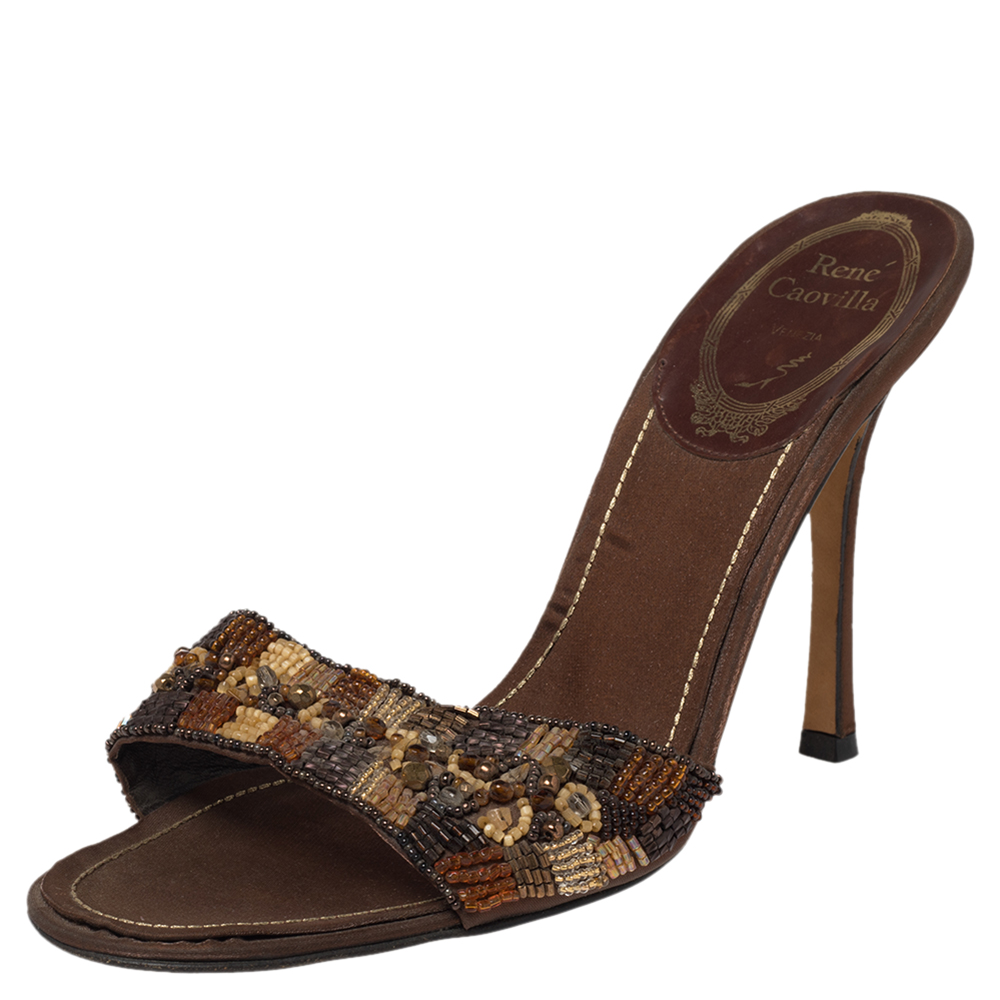 René Caovilla Brown Leather Embellished Slide Sandals Size 38