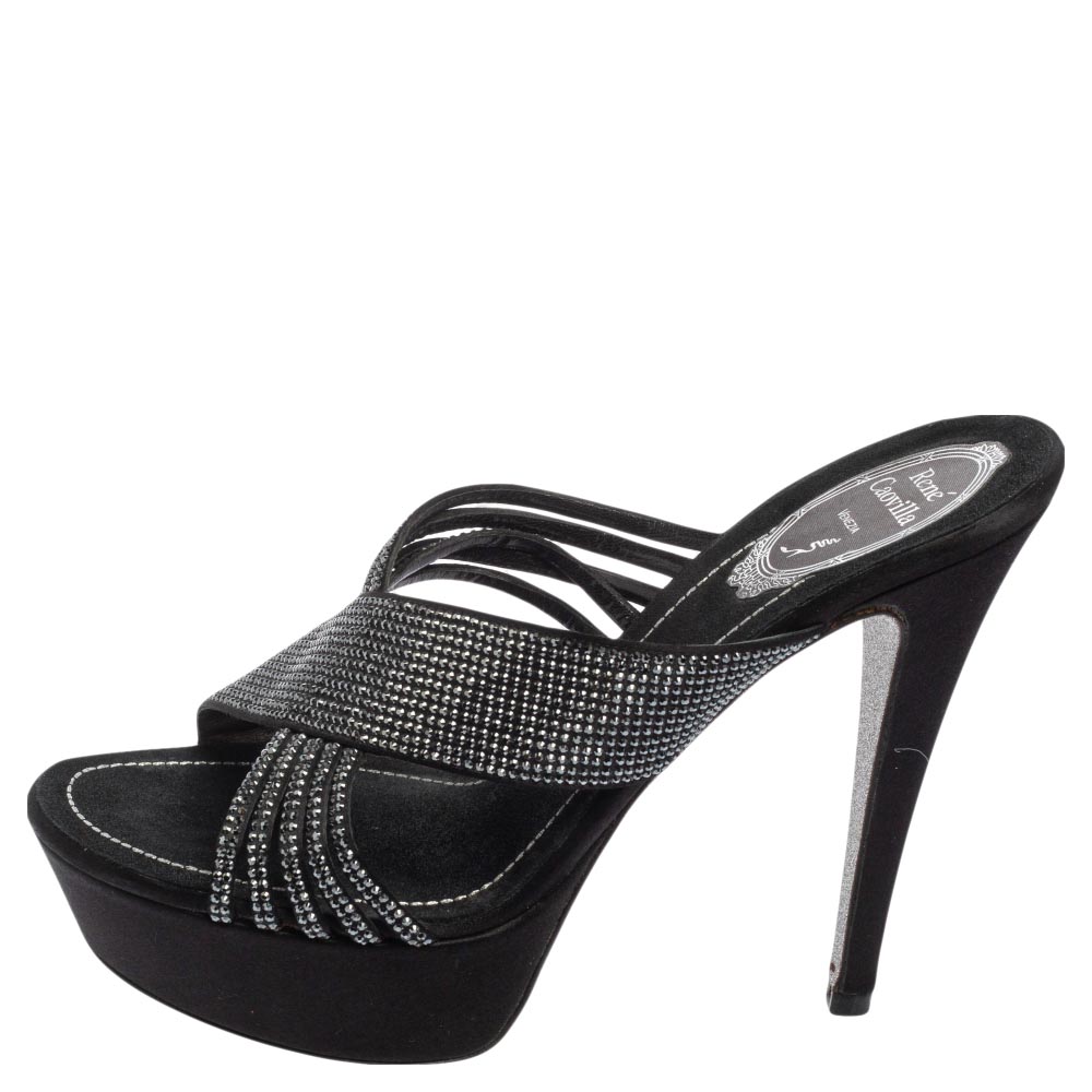 René Caovilla Black Crystal Embellished Fabric Cross Strap Platform Slide Sandals Size
René Caovilla Black Crystal Embellished Fabric Cross Strap Platform Slide Sandals Size