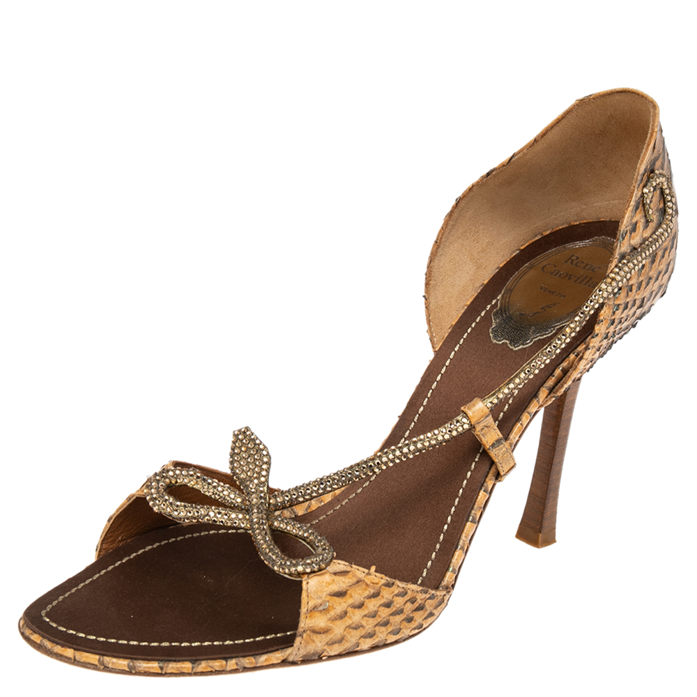 René caovilla ren&eacute; caovilla beige python leather crystal embellished sandals size 40.5
