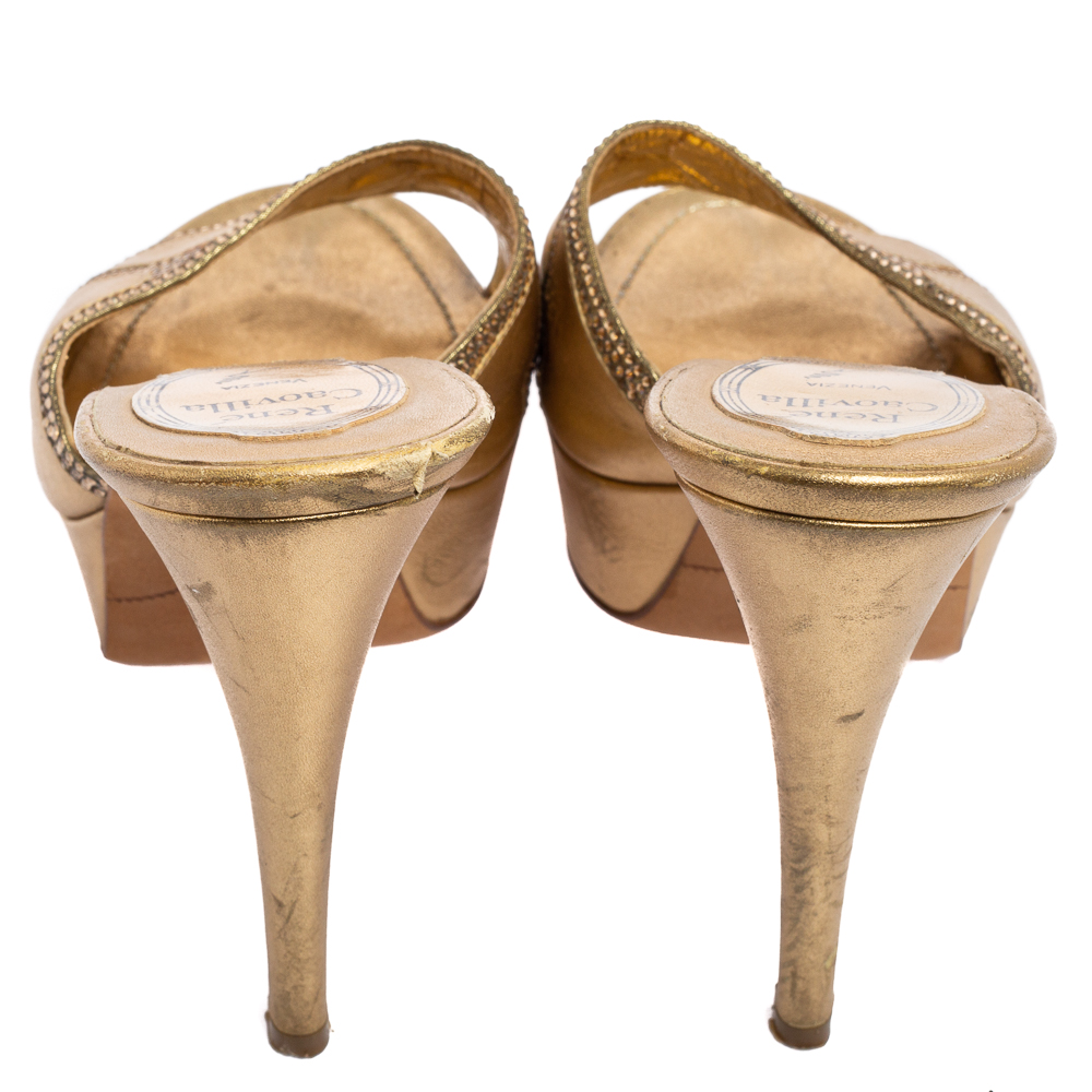 Rene Caovilla Gold Leather And Crystal Embellished Fabric Platform Slide Sandals Size 37