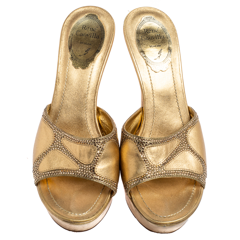 Rene Caovilla Gold Leather And Crystal Embellished Fabric Platform Slide Sandals Size 37