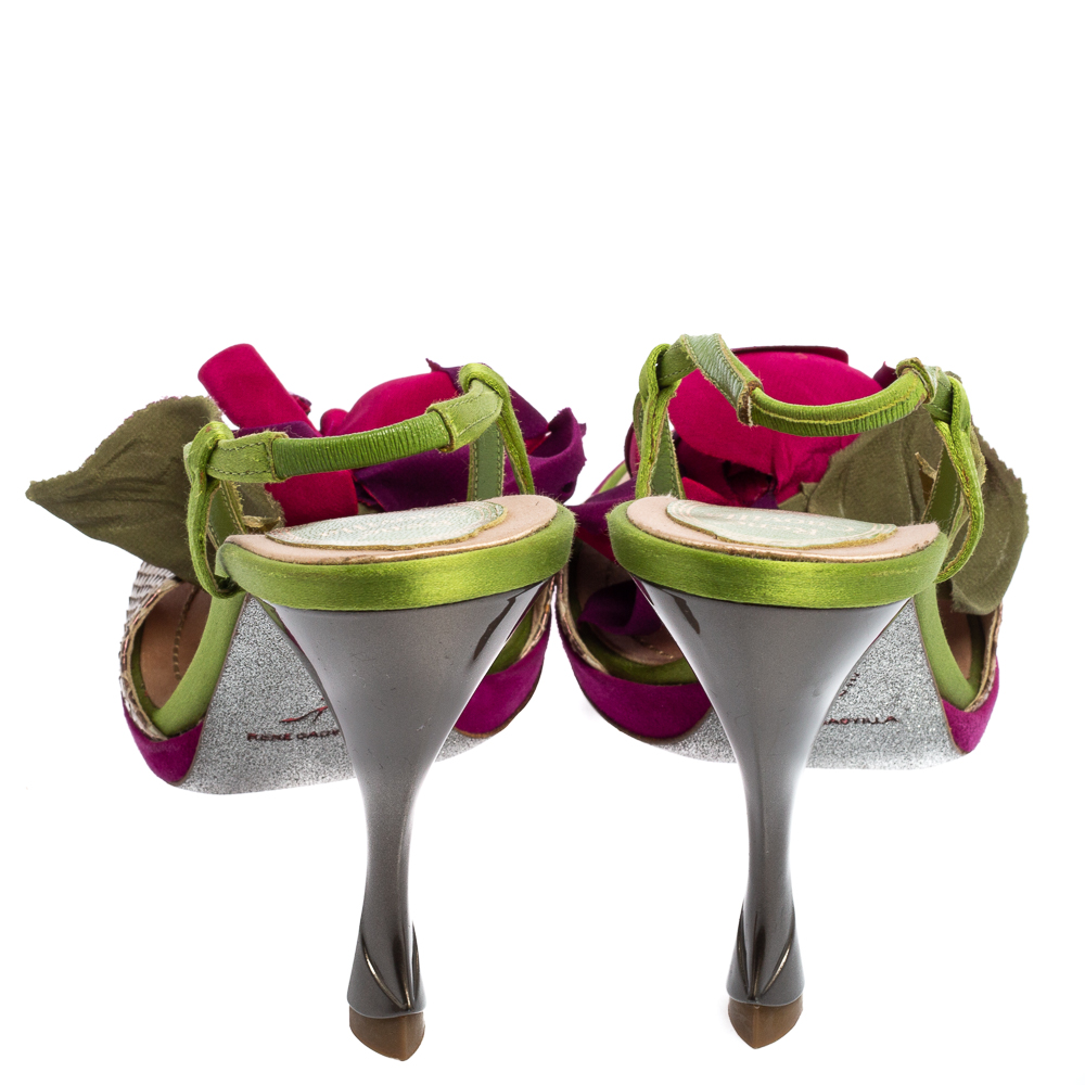 René Caovilla Multicolor Snakeskin Leather And Satin Flower Applique Slingback Sandals Size 37