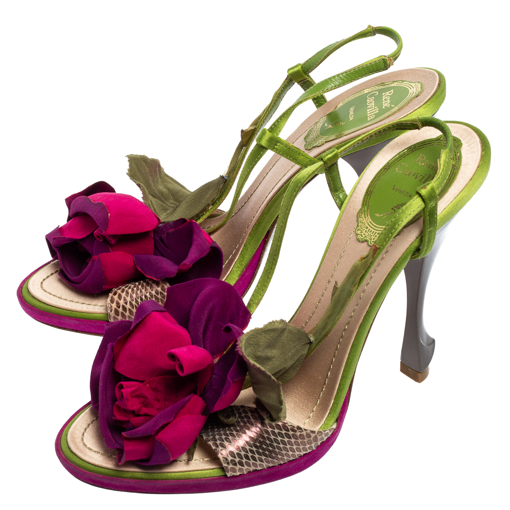 René Caovilla Multicolor Snakeskin Leather And Satin Flower Applique Slingback Sandals Size 37