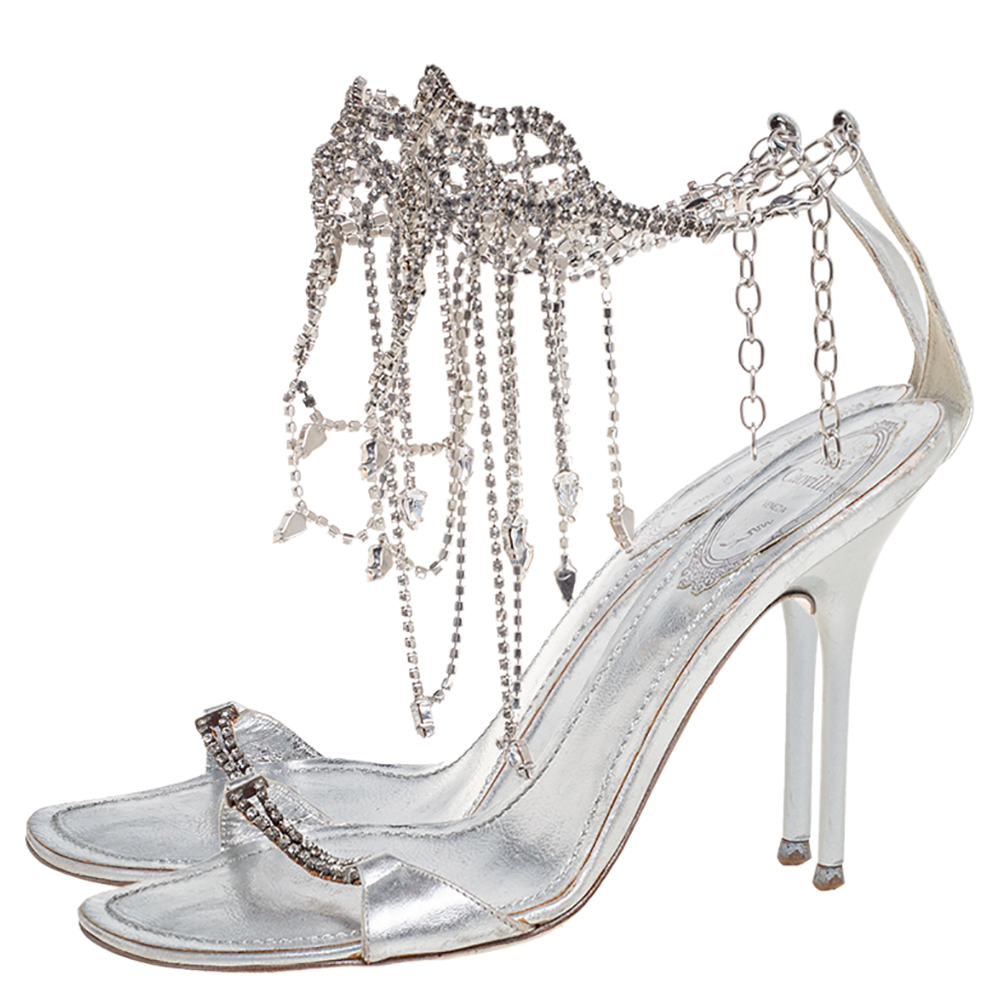 René Caovilla Silver Leather Floral Embellished Anklet Open Toe Sandals Size 37
