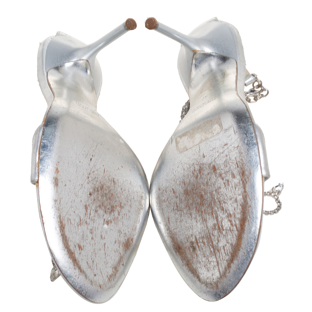 René Caovilla Silver Leather Floral Embellished Anklet Open Toe Sandals Size 37