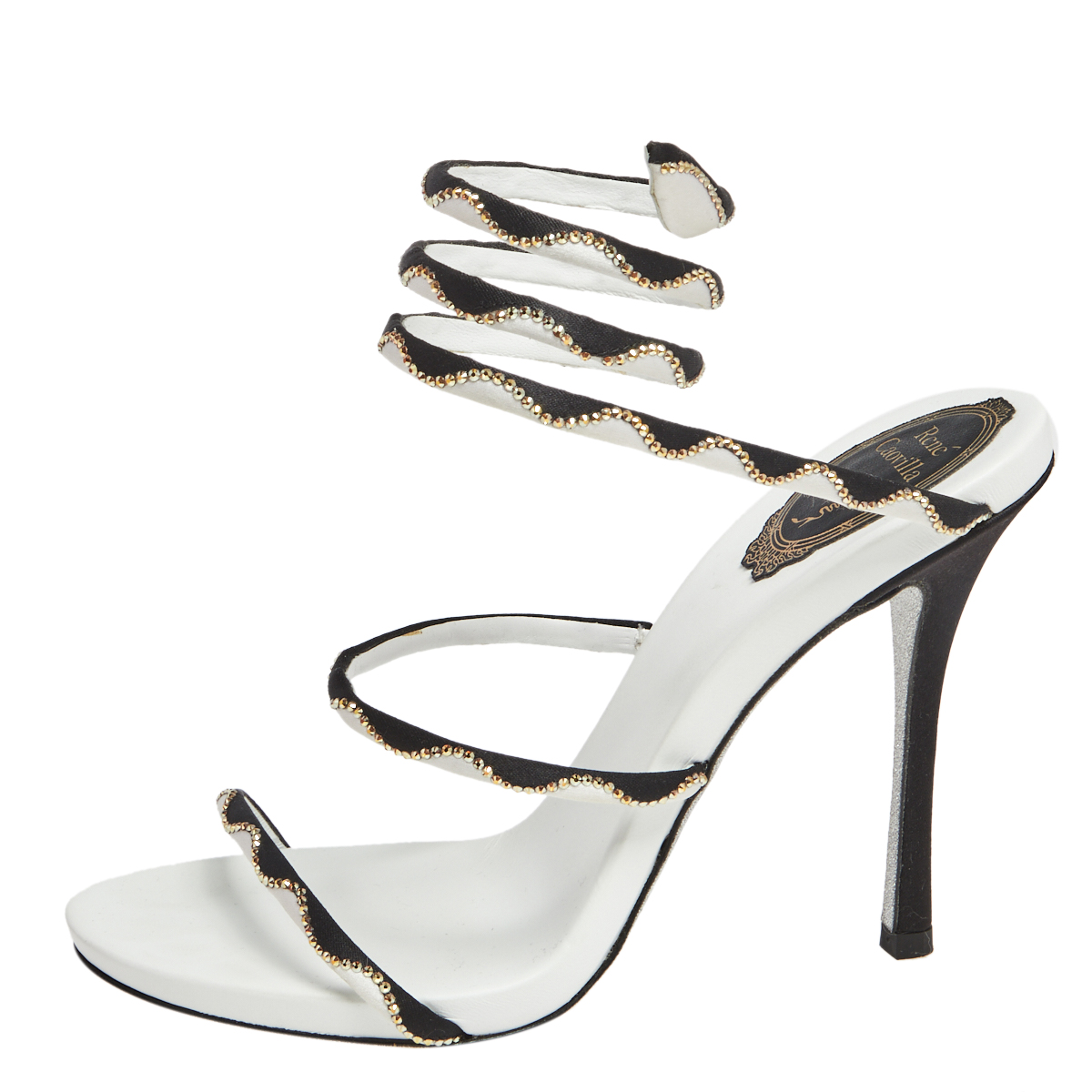 René Caovilla White/Black Satin Crystal Embellished Ankle Wrap Open Toe Sandals Size
René Caovilla White/Black Satin Crystal Embellished Ankle Wrap Open Toe Sandals Size
