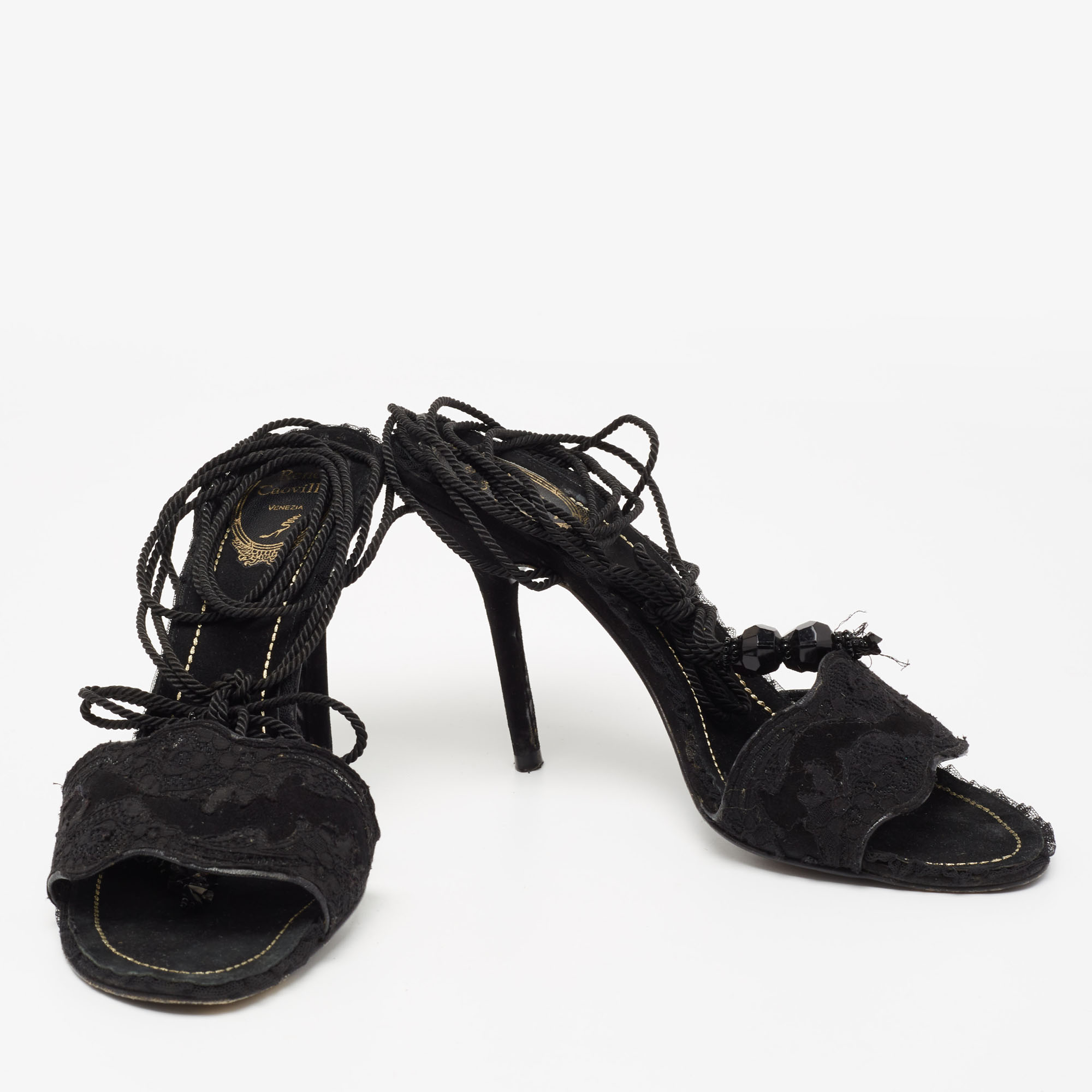 René Caovilla Black Suede And Lace Embellished Ankle Tie Sandals Size 38.5