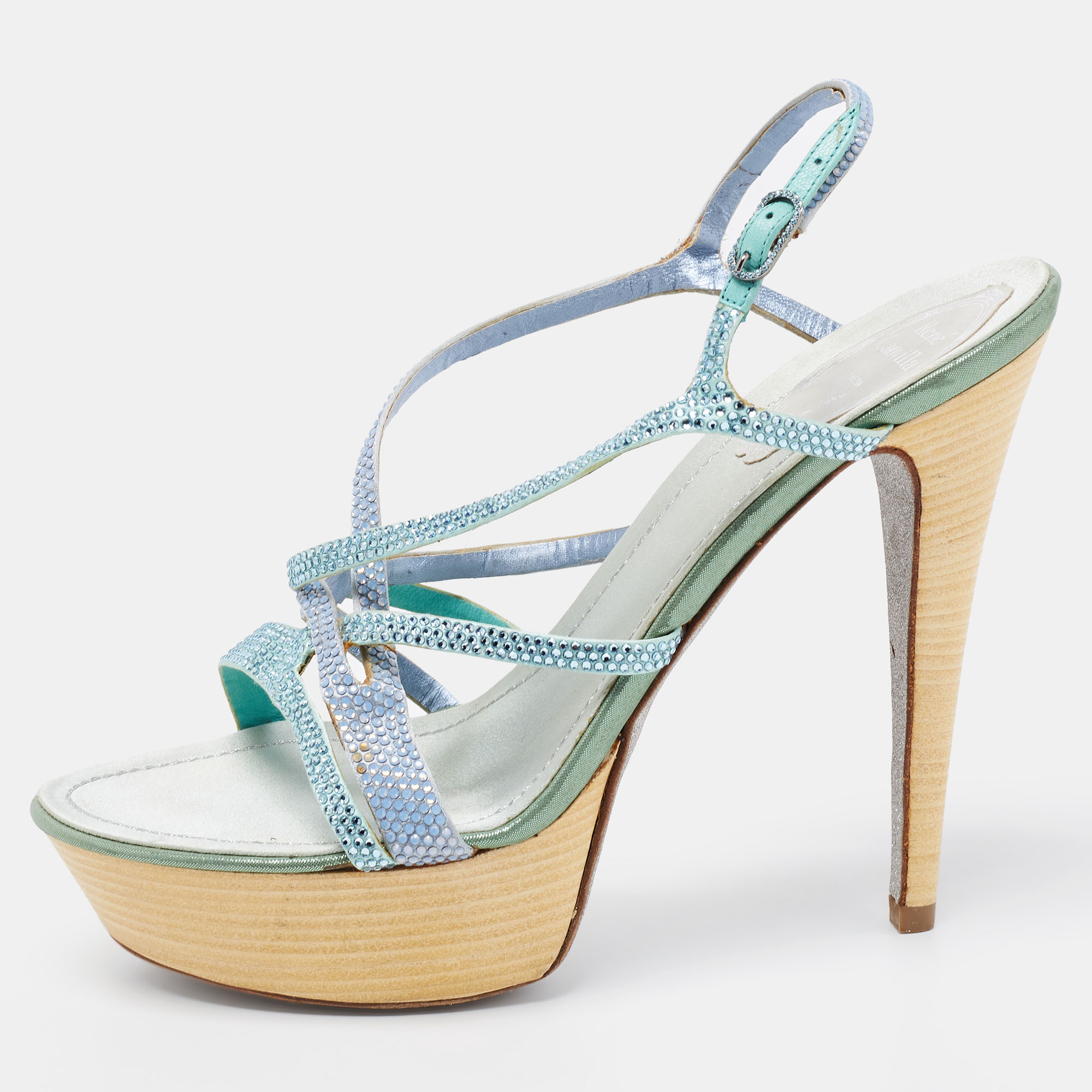 René Caovilla Two Tone Crystal Embellished Satin Ankle-Strap Platform Sandals Size 37.5