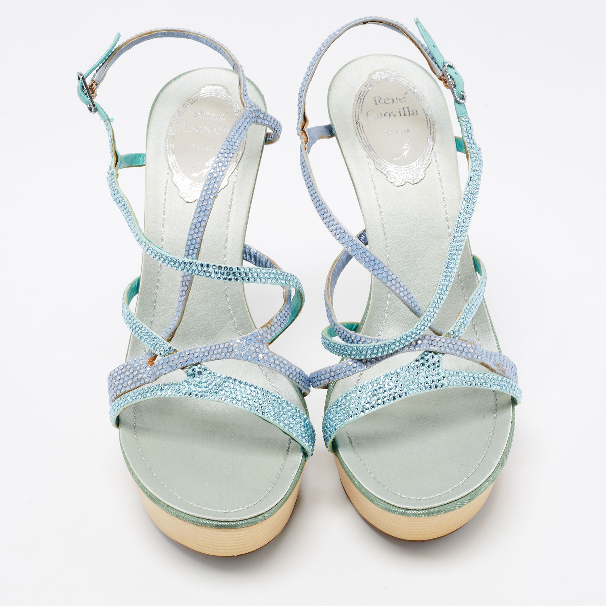 René Caovilla Two Tone Crystal Embellished Satin Ankle-Strap Platform Sandals Size 37.5