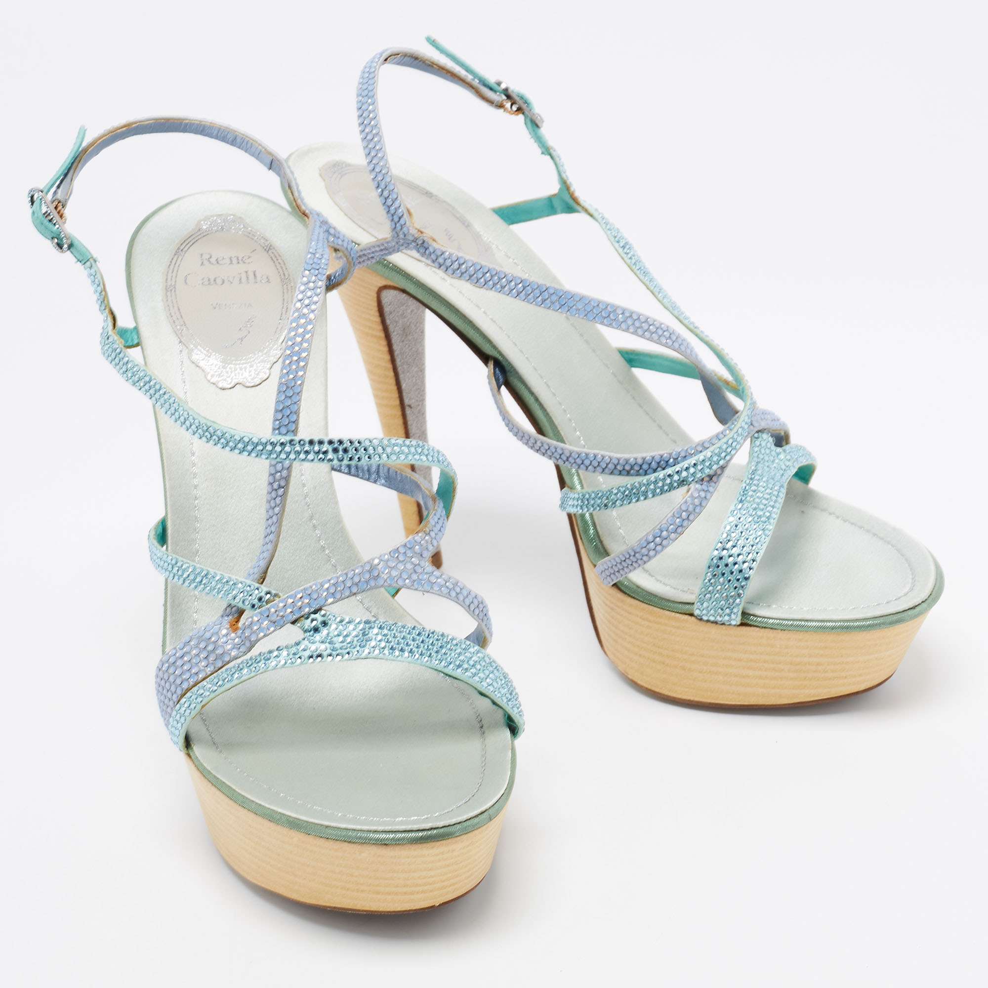 René Caovilla Two Tone Crystal Embellished Satin Ankle-Strap Platform Sandals Size 37.5