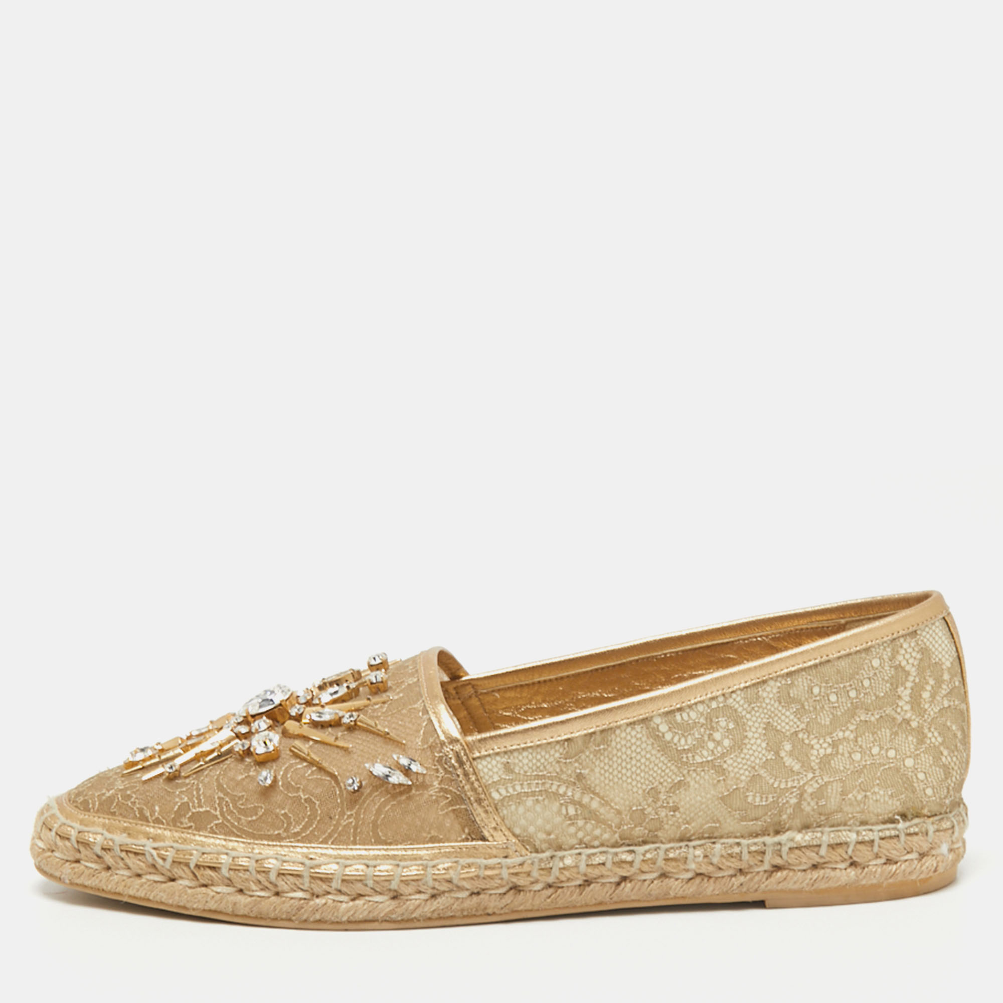 

René Caovilla Metallic Gold Lace And Leather Crystal Embellished Espadrille Flats Size