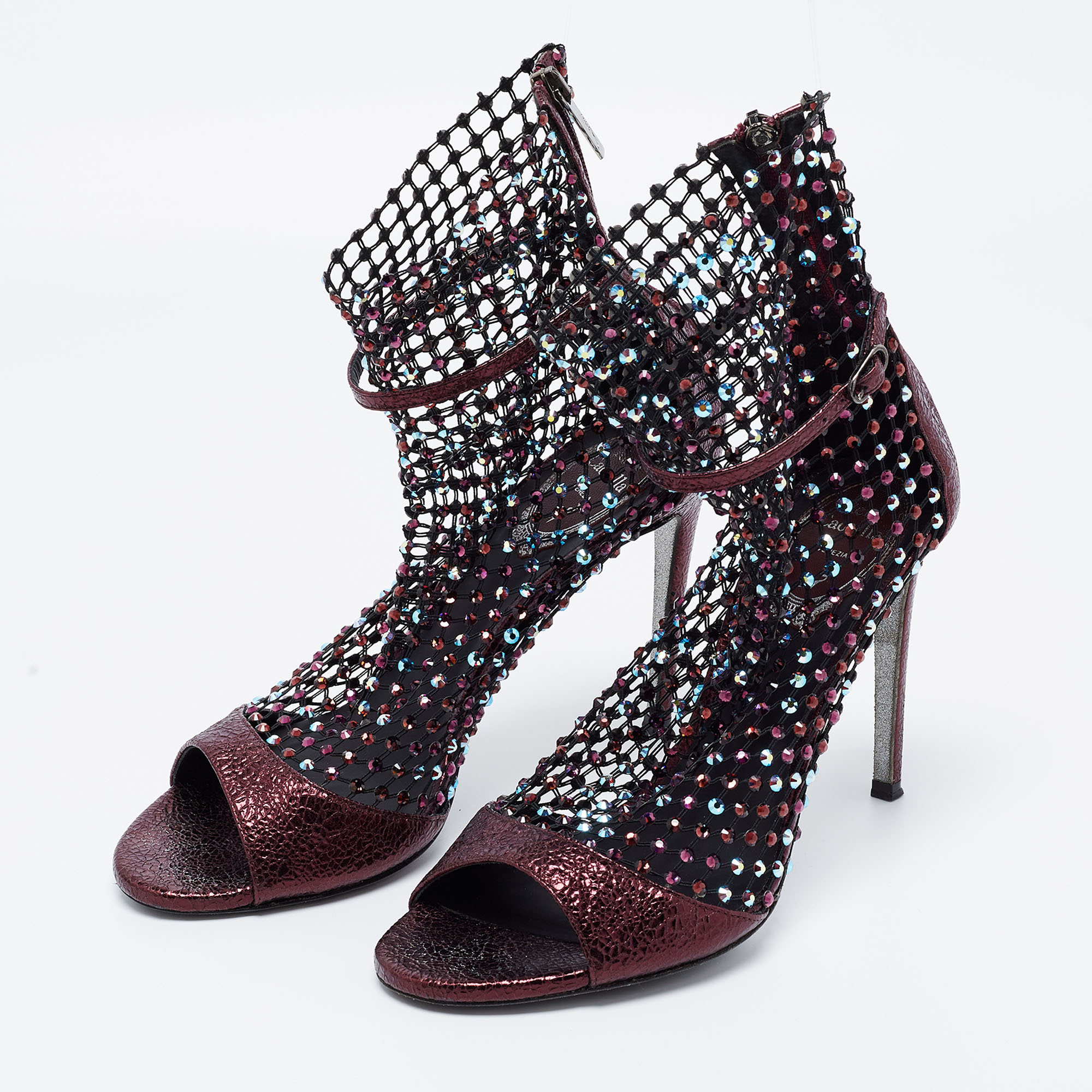 

Rene Caovilla Metalic Red Texture Leather And Mesh Crystal Embellished Galaxia Sandals Size, Metallic