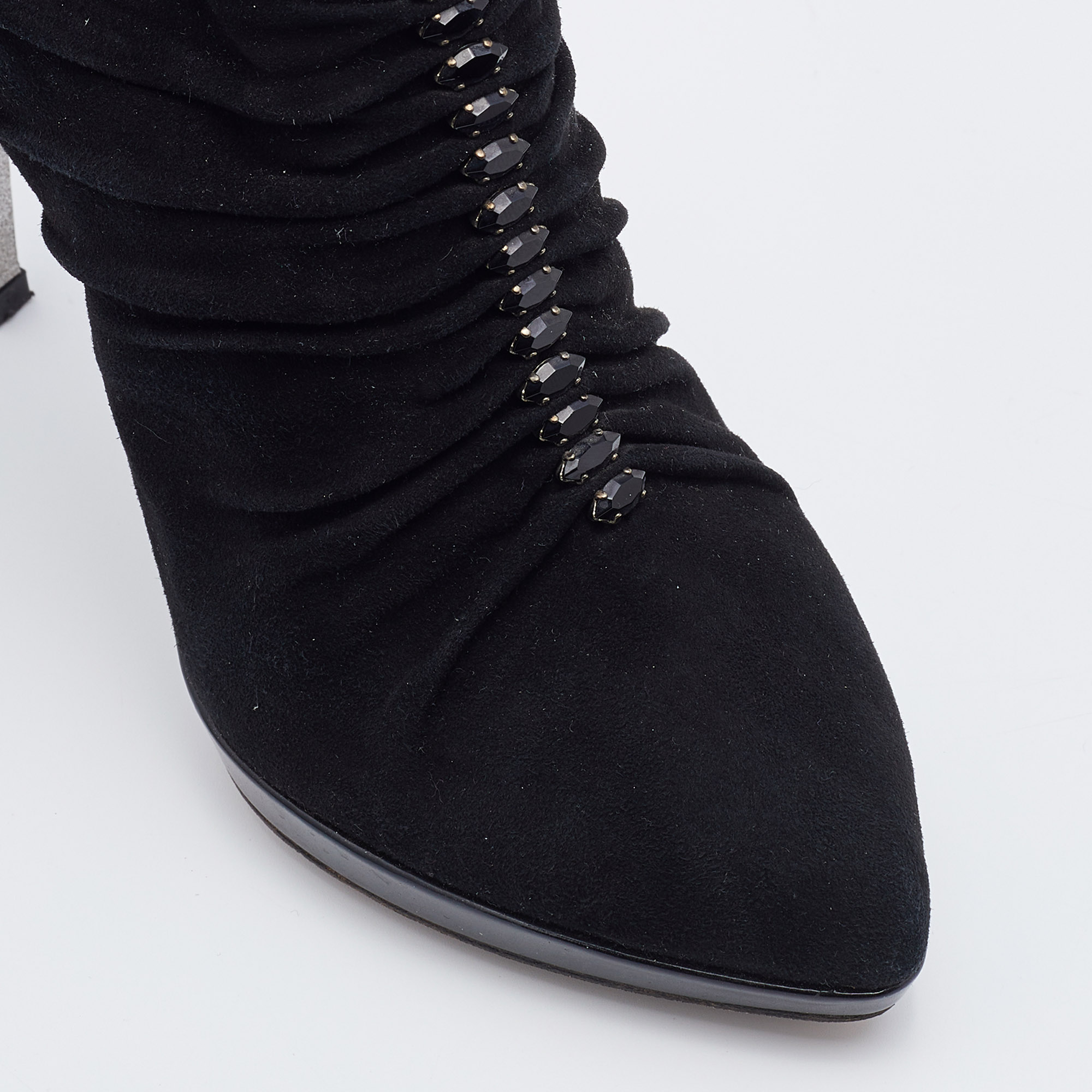 René Caovilla Black Suede Crystal Embellished Ankle Length Boots Size 39
