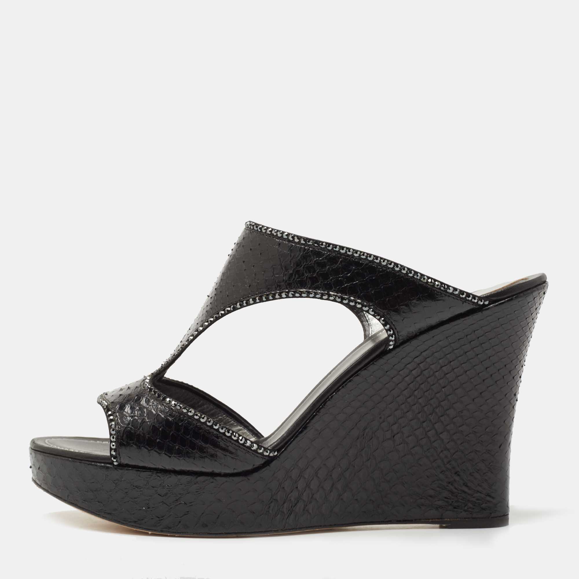 René caovilla ren&eacute; caovilla black python crystal embellished wedge sandals size 41