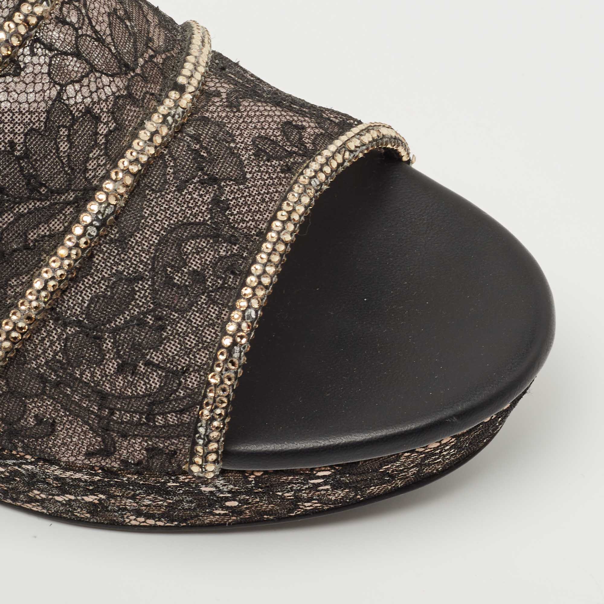 René Caovilla Black Lace Crystal Embellished Wedge Sandals Size 41