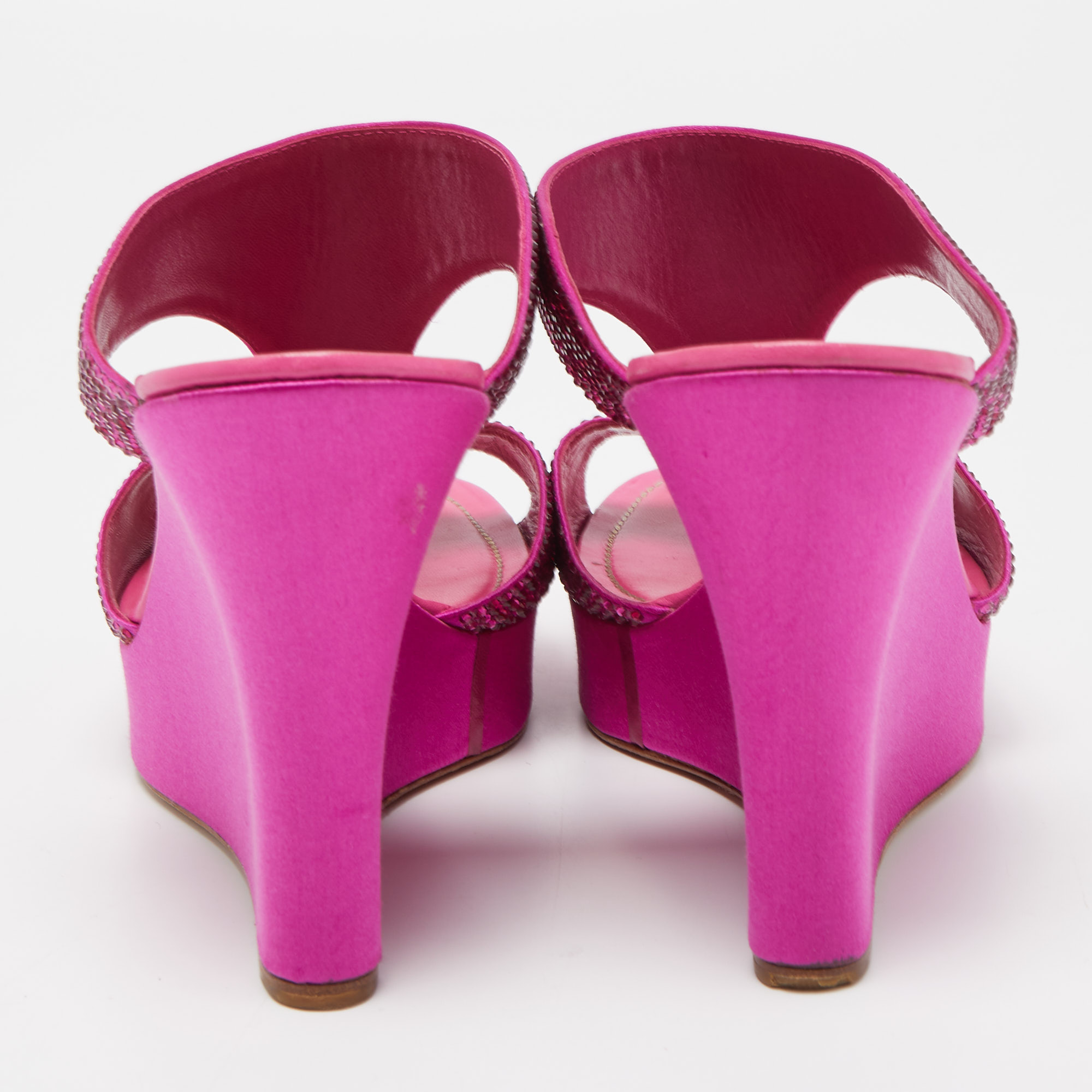 René Caovilla Pink Satin Crystal Embellished Wedge Slide Sandals Size 41