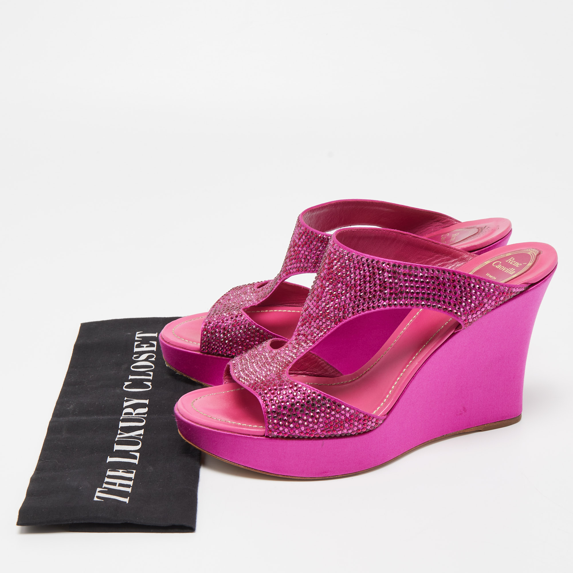 René Caovilla Pink Satin Crystal Embellished Wedge Slide Sandals Size 41