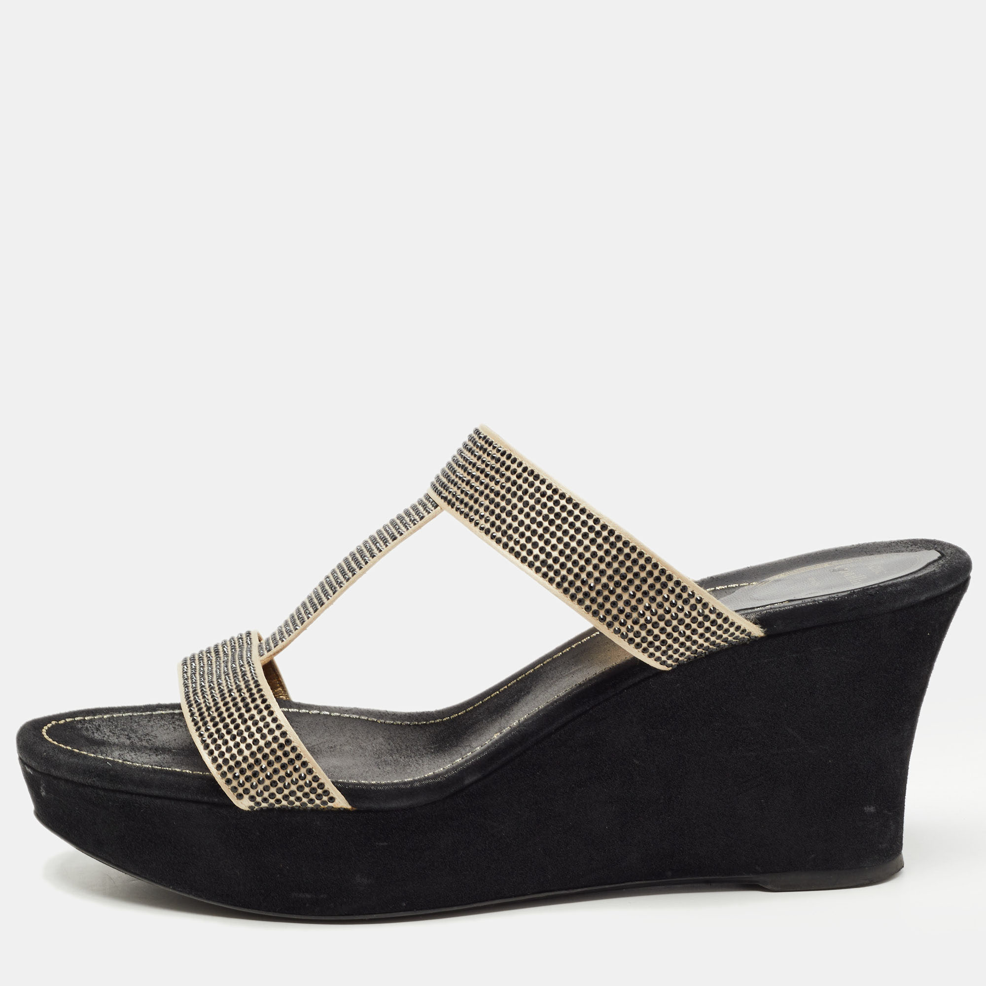 René caovilla ren&eacute; caovilla gold/black crystal embellished satin platform wedge slide sandals size 41