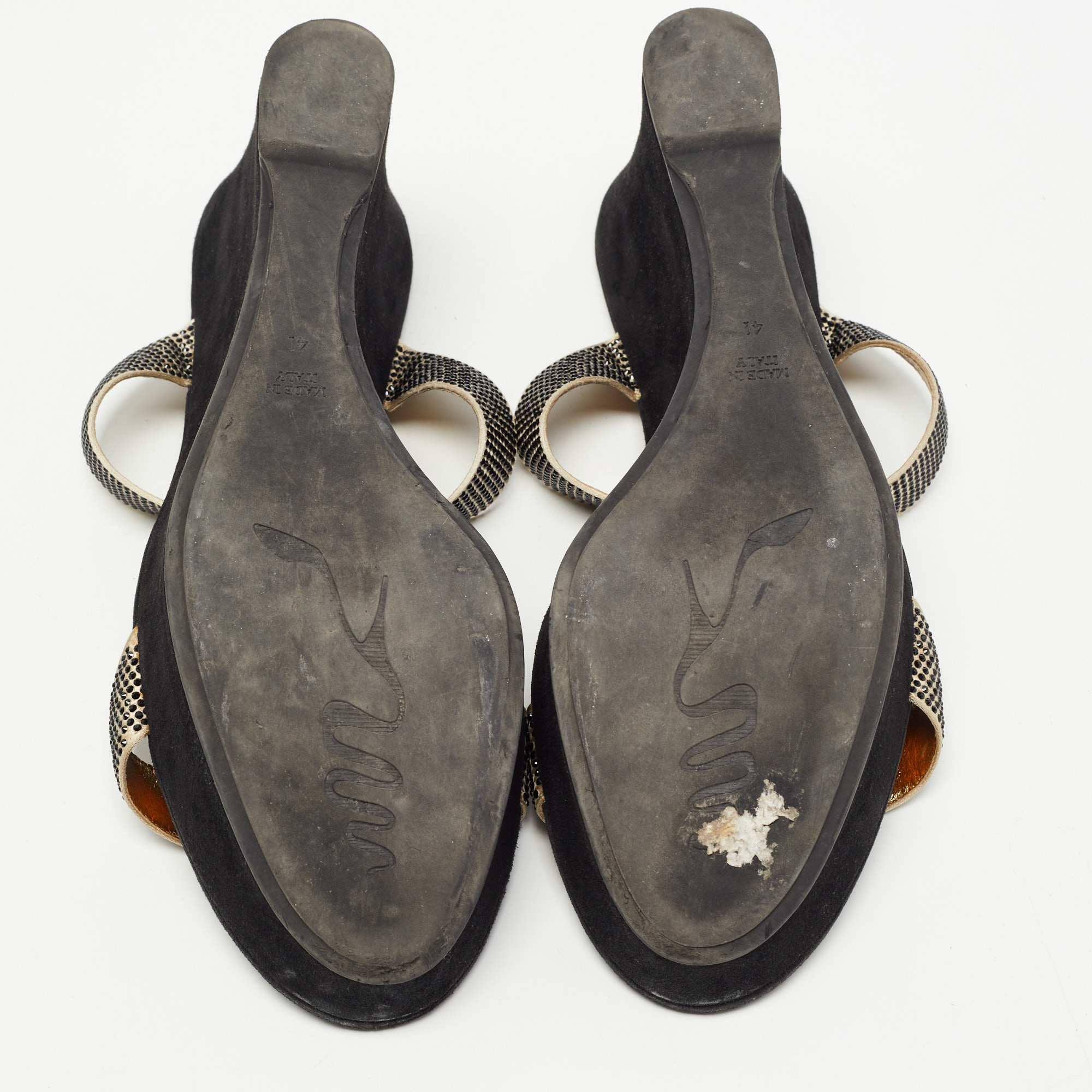 René Caovilla Gold/Black Crystal Embellished Satin Platform Wedge Slide Sandals Size 41