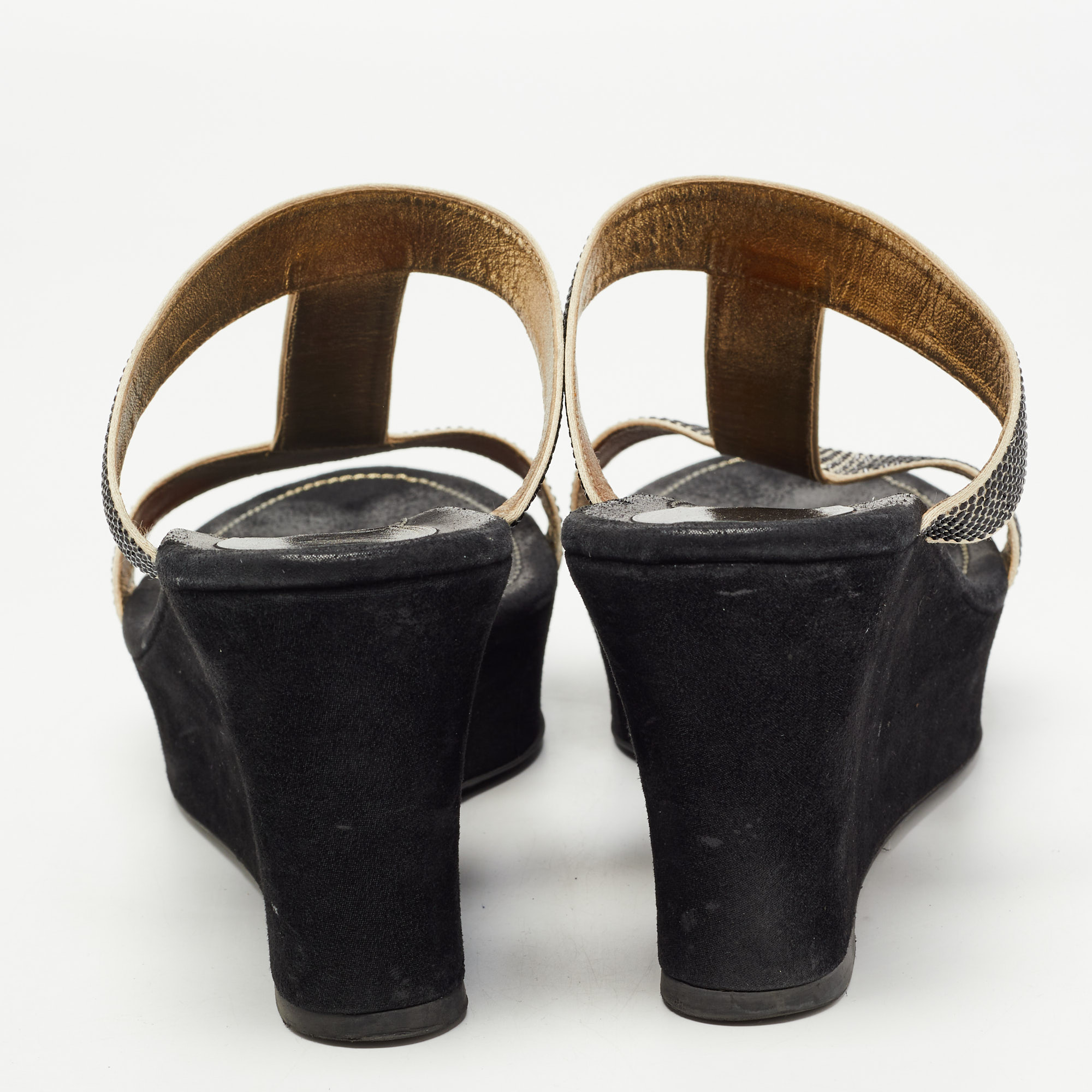 René Caovilla Gold/Black Crystal Embellished Satin Platform Wedge Slide Sandals Size 41