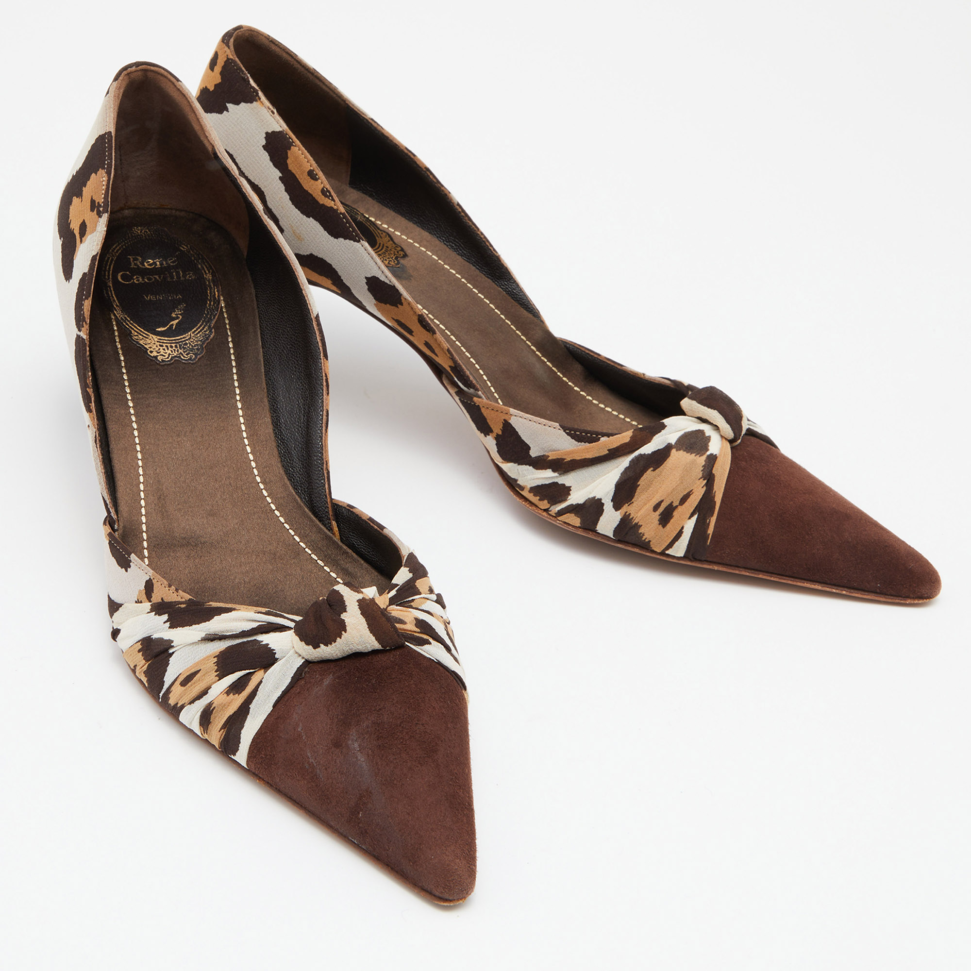 René Caovilla Brown Leopard Print Fabric And Suede Knotted Pointed Toe Pumps Size 38