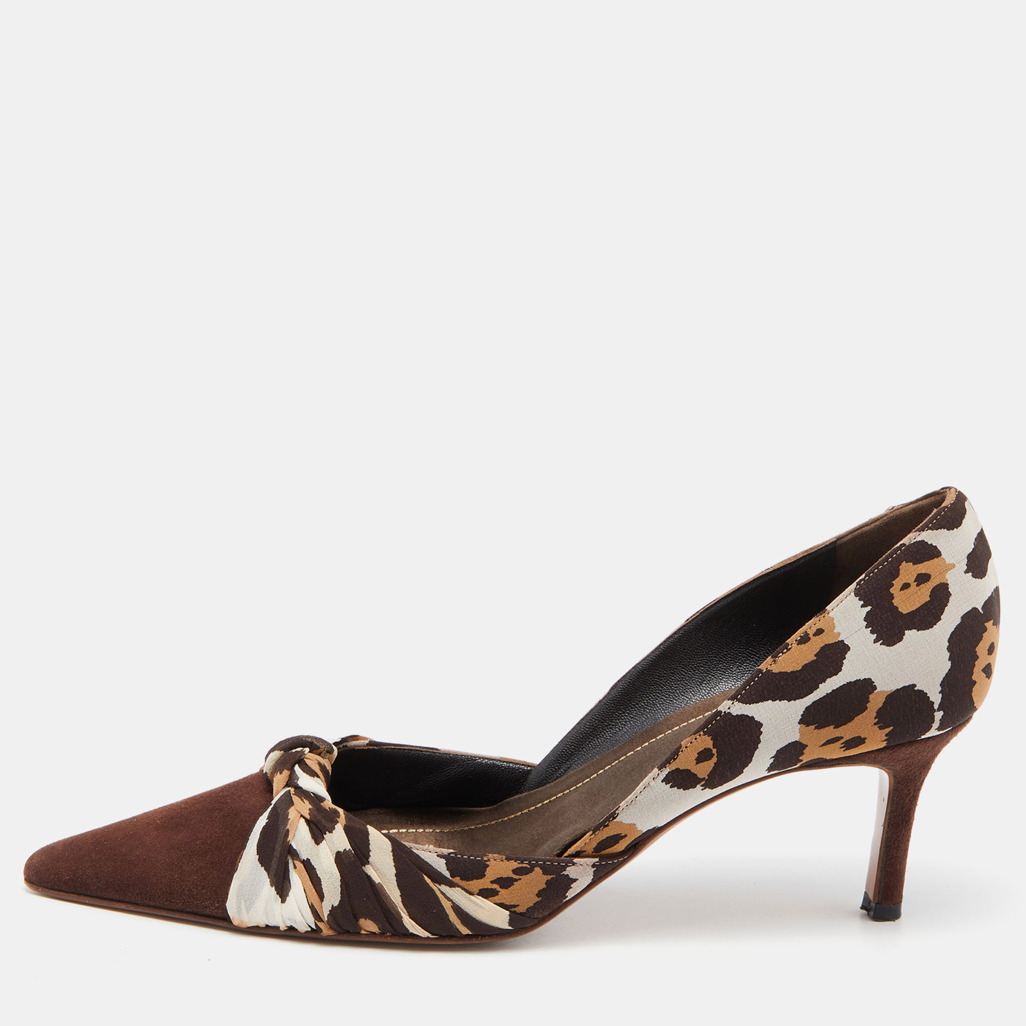 René Caovilla Brown Leopard Print Fabric And Suede Knotted Pointed Toe Pumps Size 38