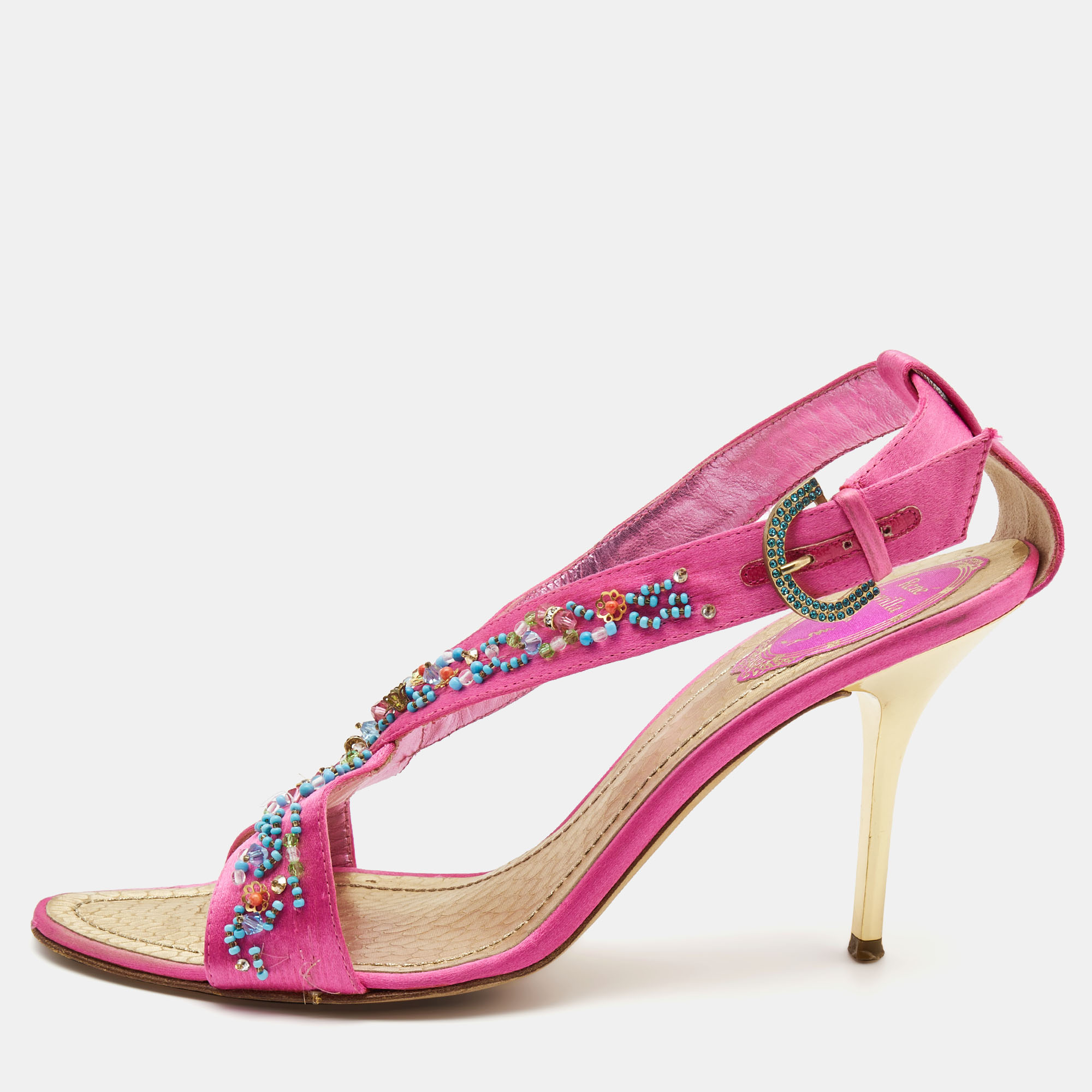 René Caovilla Pink Satin Embellished Criss Cross Ankle Strap Sandals Size 38.5